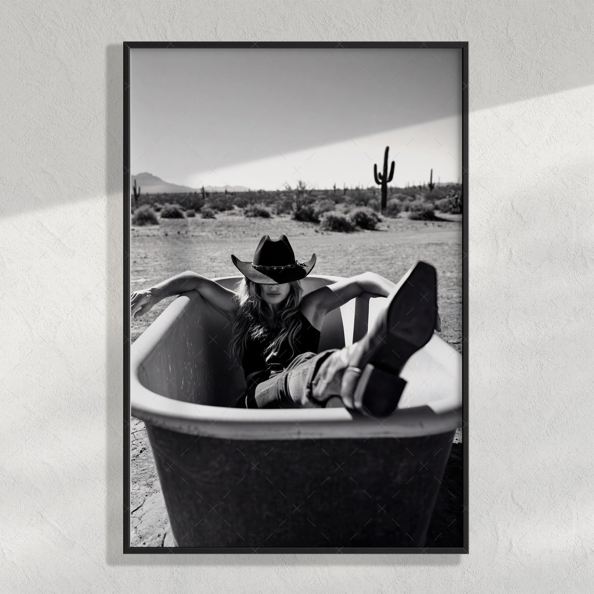 Bathtub Cowgirl: Western Desert Black & White Photo Art Print