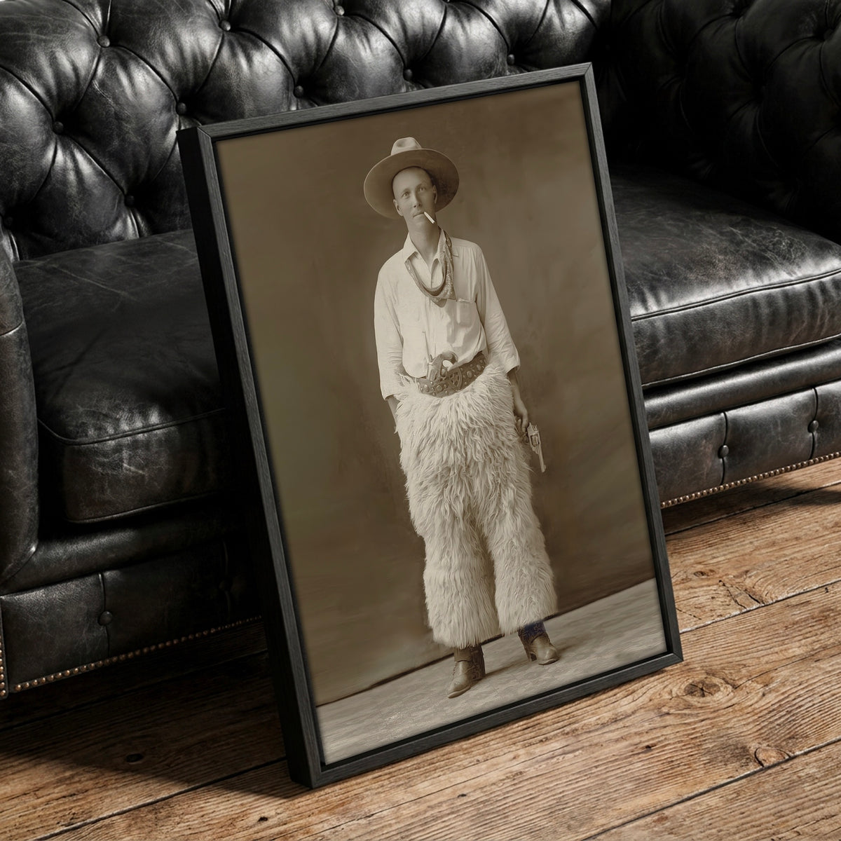 Texas Cowboy in Wool Chaps: Restored Old West Vintage Sepia Photo Art Print