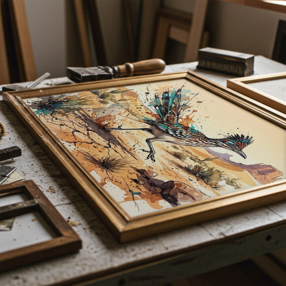 Roadrunner Ink Splash: Colorful Rustic Desert Drawing - Western Wildlife Art Print