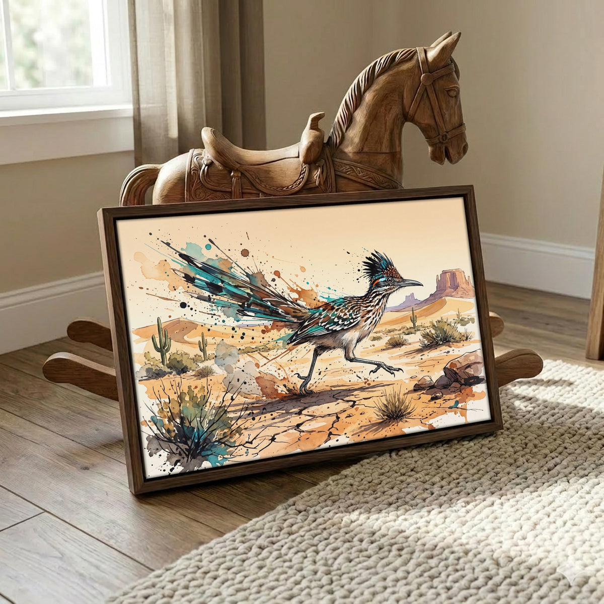 Roadrunner Ink Splash: Colorful Rustic Desert Drawing - Western Wildlife Art Print
