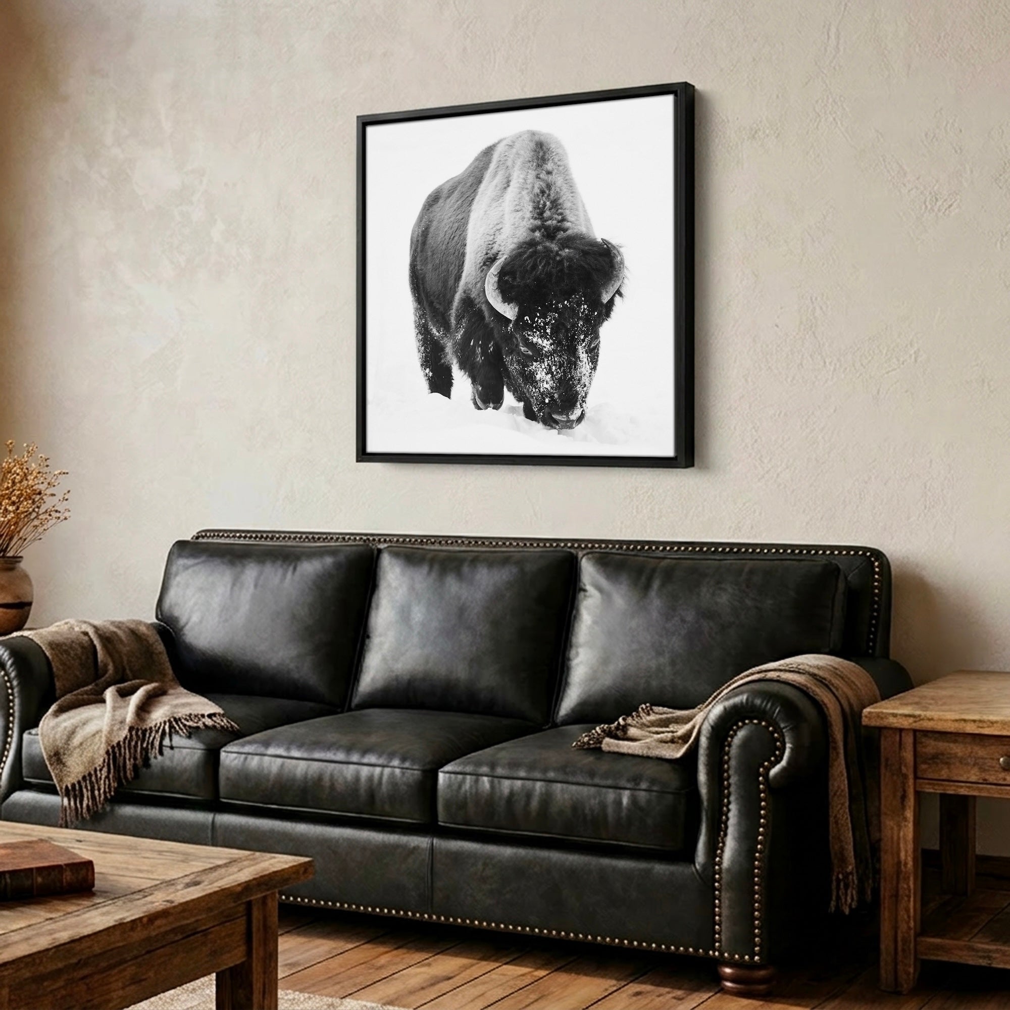 American Bison in the Winter Snow: Lone Buffalo - Black & White Photo Art Print