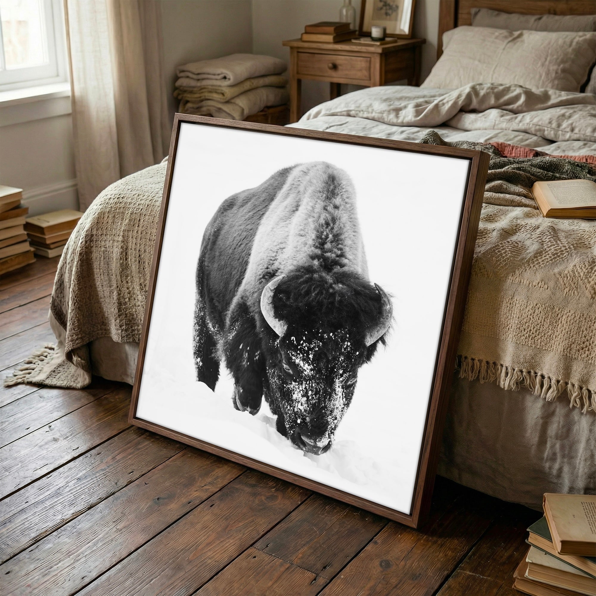 American Bison in the Winter Snow: Lone Buffalo - Black & White Photo Art Print