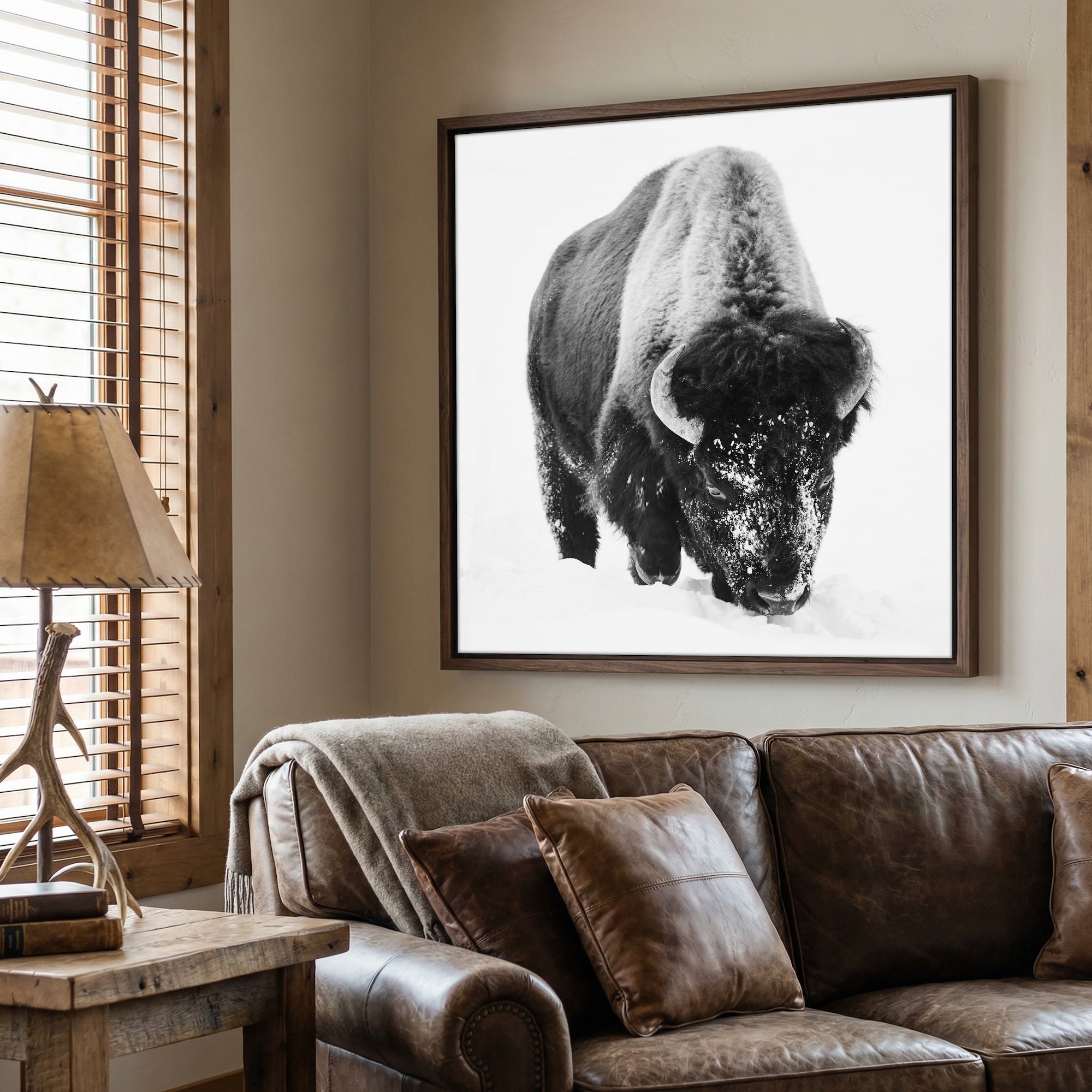 American Bison in the Winter Snow: Lone Buffalo - Black & White Photo Art Print