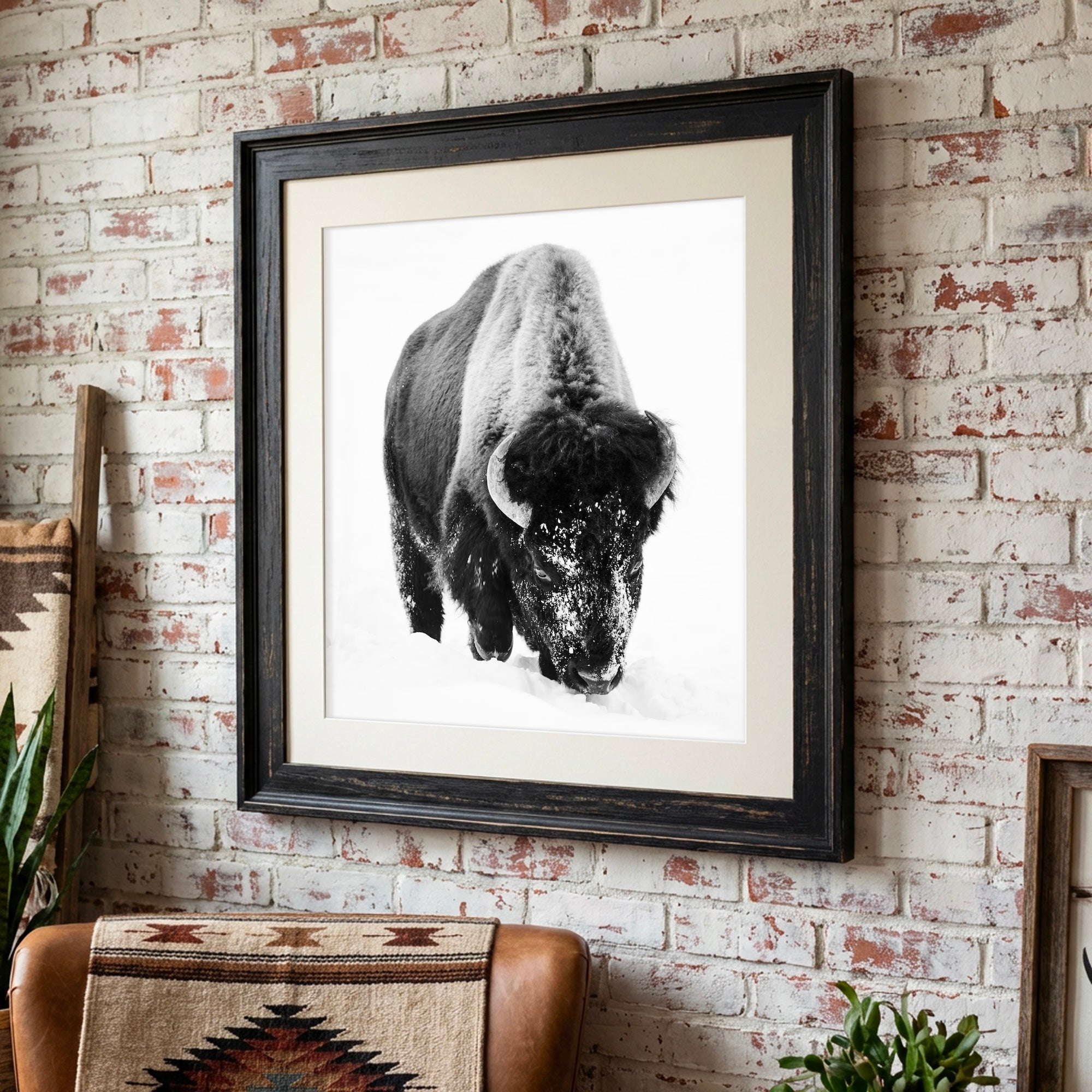 American Bison in the Winter Snow: Lone Buffalo - Black & White Photo Art Print