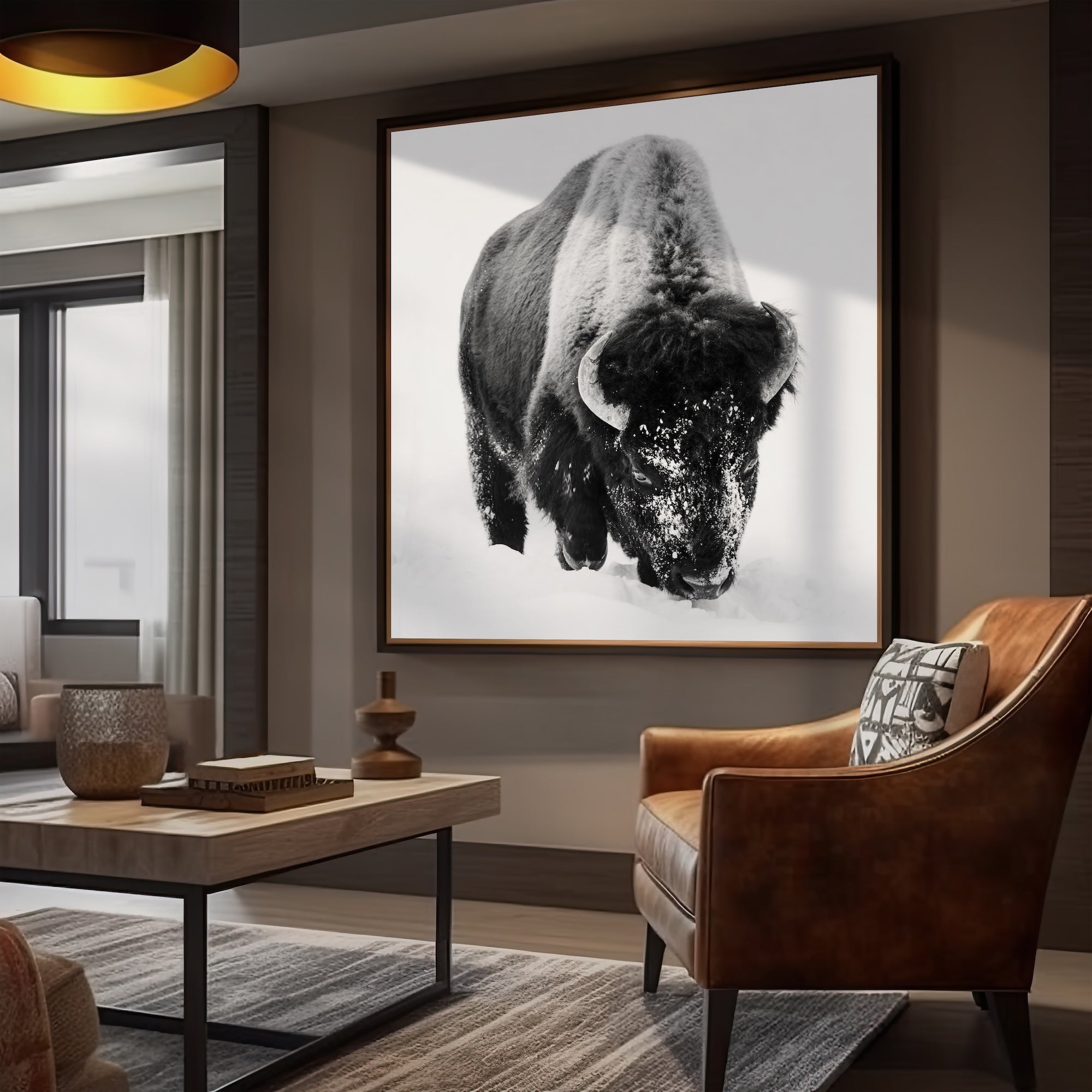 American Bison in the Winter Snow: Lone Buffalo - Black & White Photo Art Print