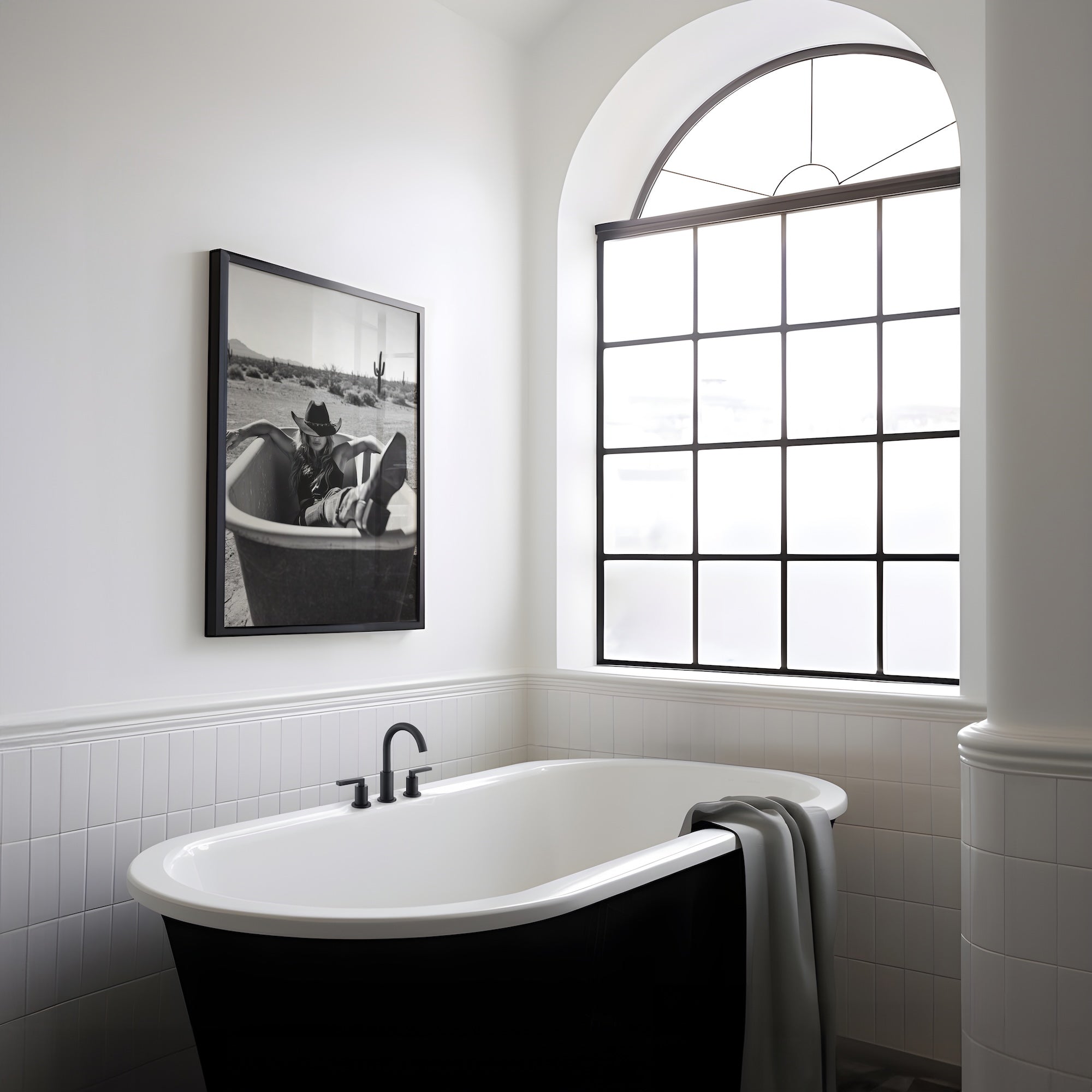 Bathtub Cowgirl: Western Desert Black & White Art Print