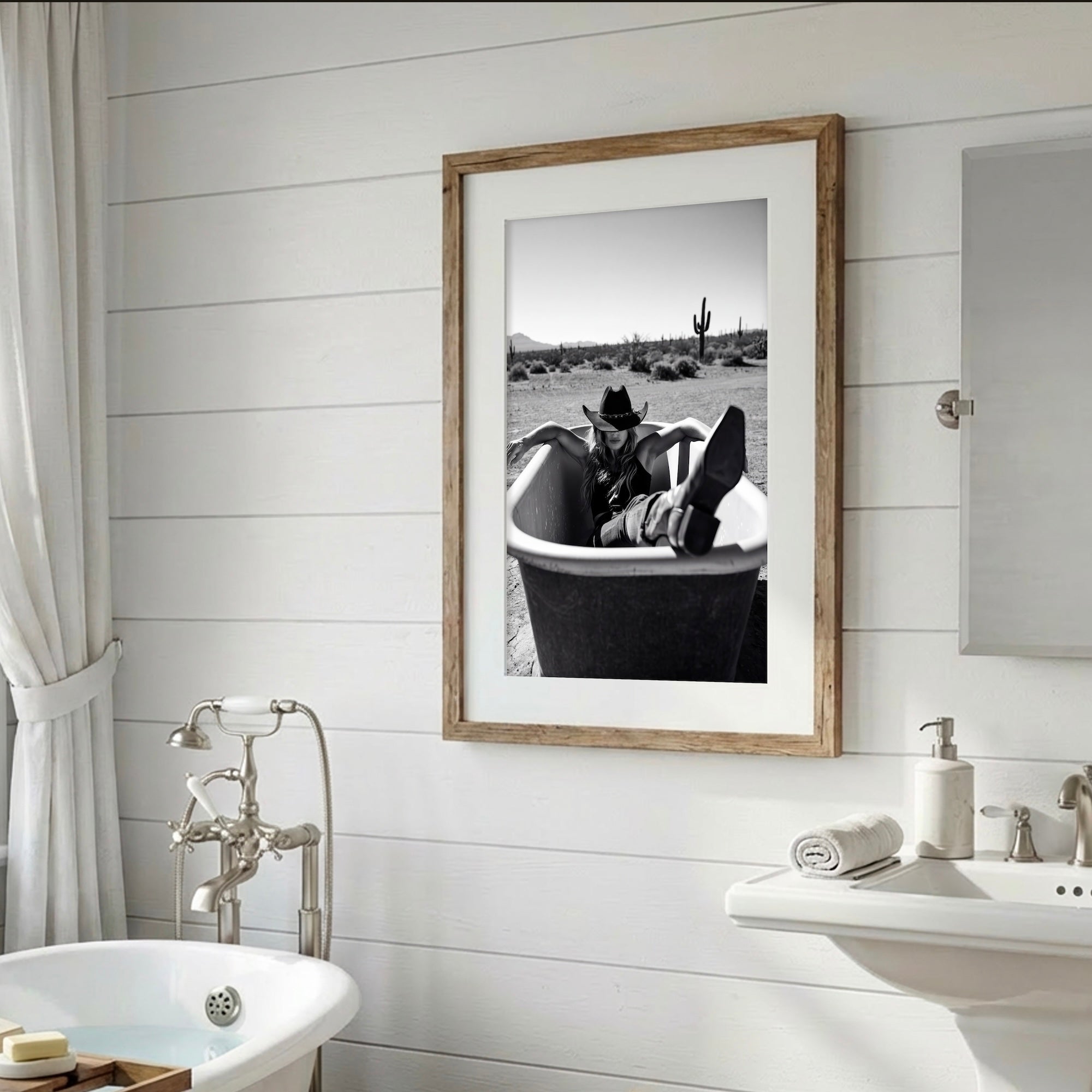 Bathtub Cowgirl: Western Desert Black & White Art Print