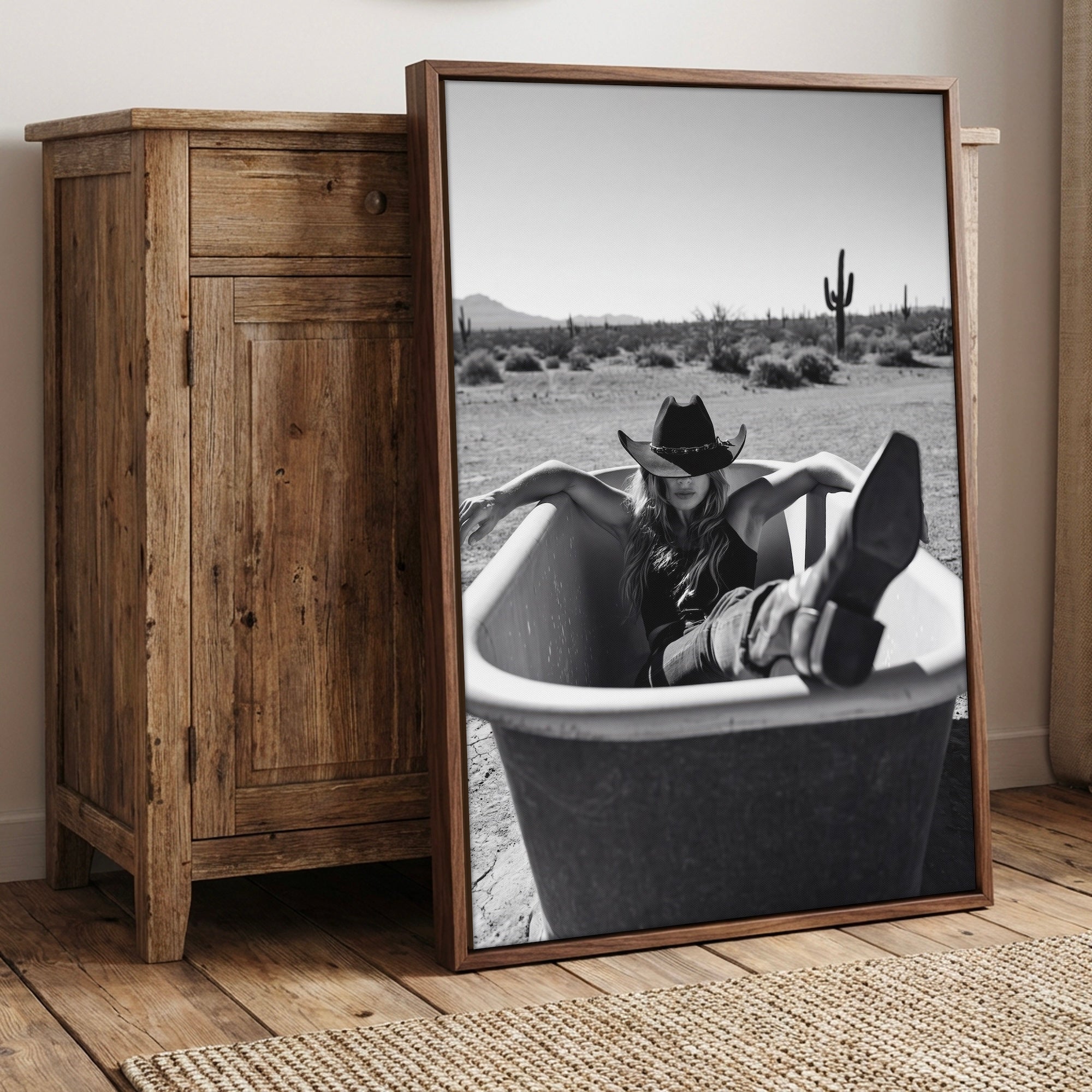 Bathtub Cowgirl: Western Desert Black & White Art Print
