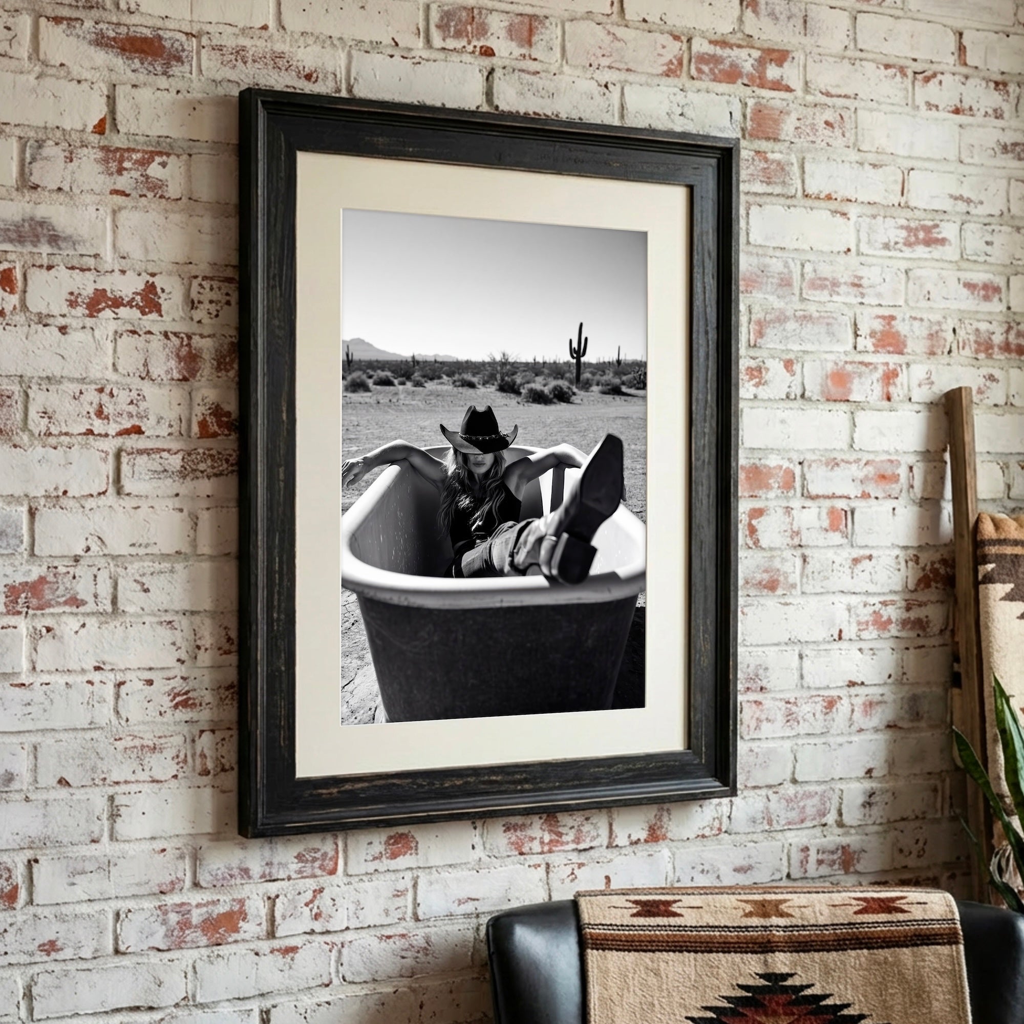 Bathtub Cowgirl: Western Desert Black & White Art Print