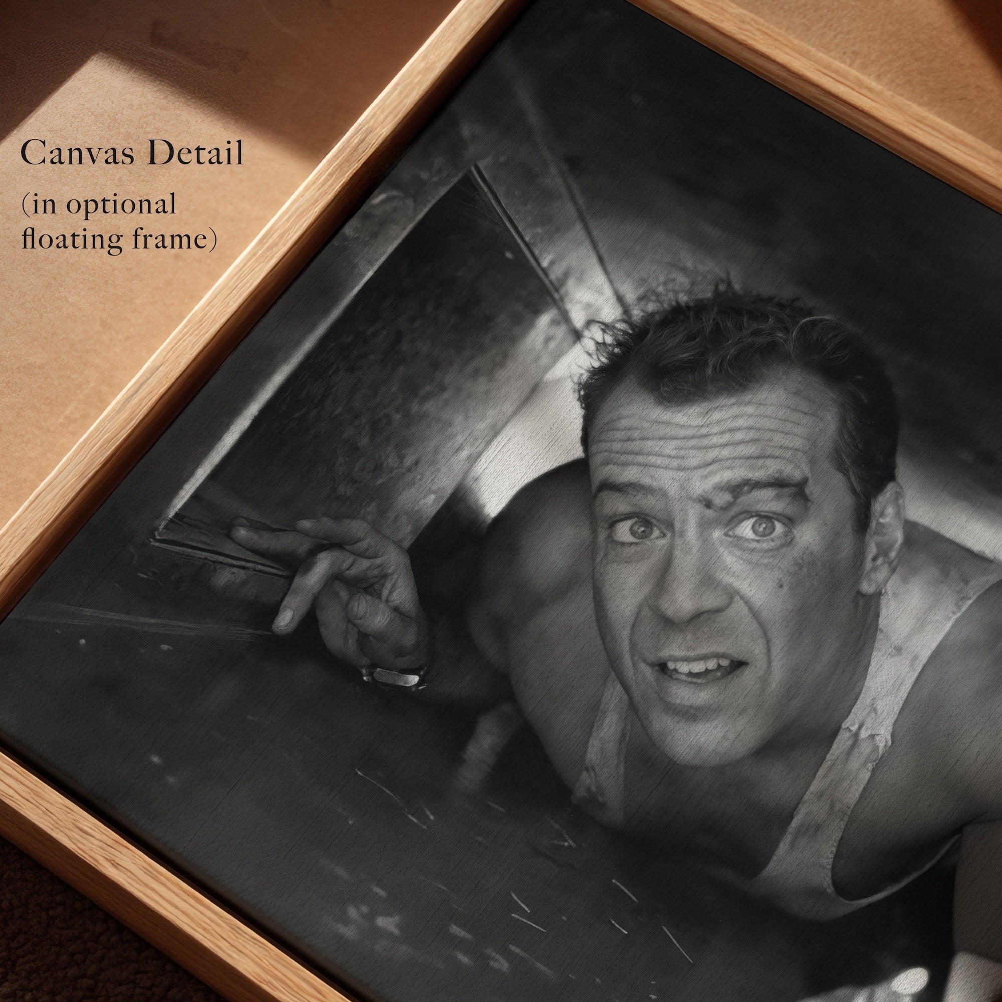 Bruce Willis in Die Hard: Iconic Movie Scene - Black & White Photo Art Print