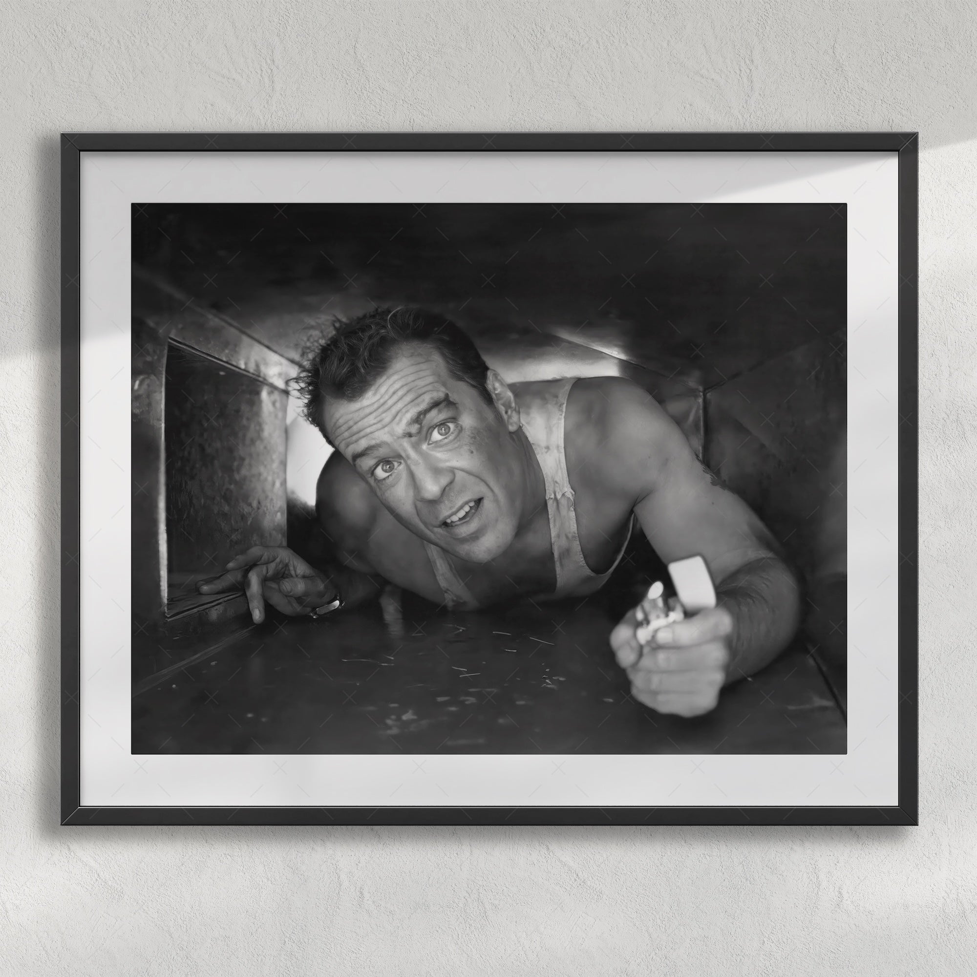 Bruce Willis in Die Hard: Iconic Movie Scene - Black & White Photo Art Print