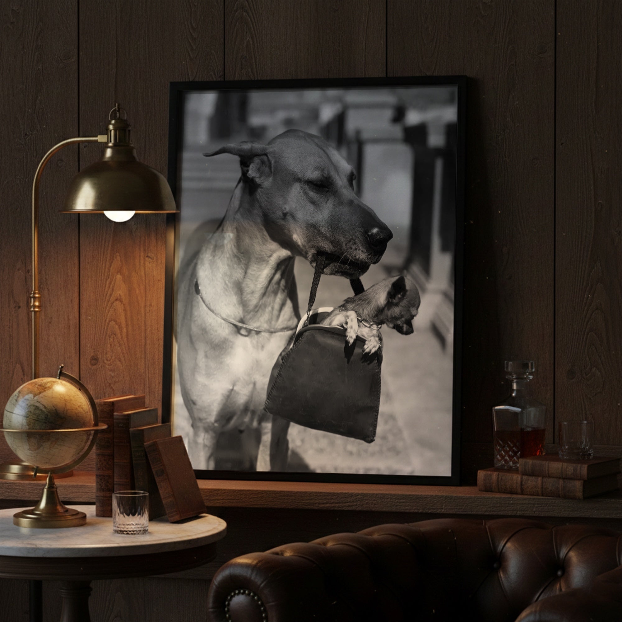 Great Dane and a Tiny Chihuahua Dog in a Purse - Funny Vintage Black & White Photograph (Art Print)