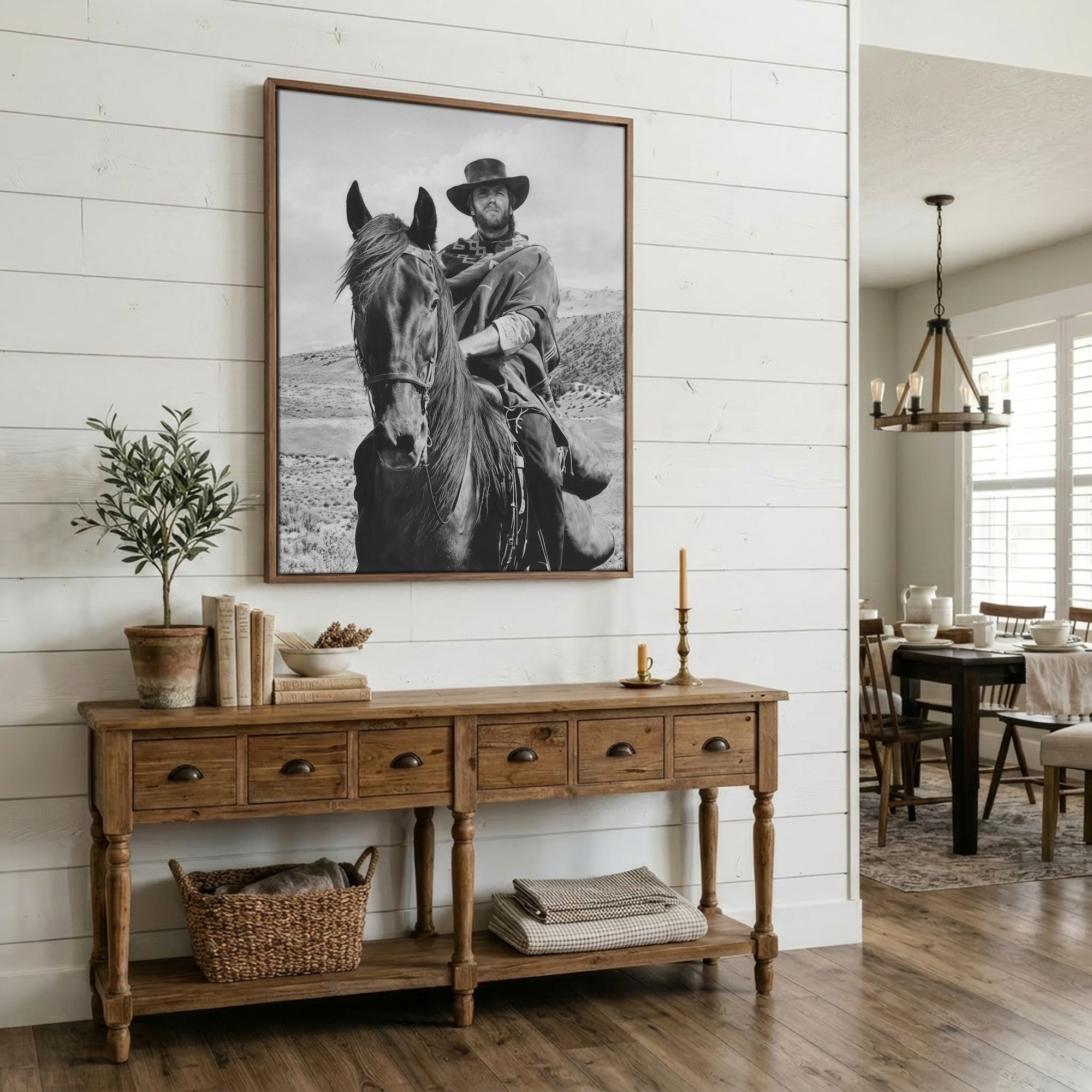 Clint Eastwood on Horseback in For A Few Dollars More Movie: Classic Spaghetti Western Film - Vintage Black & White Photo Art Print