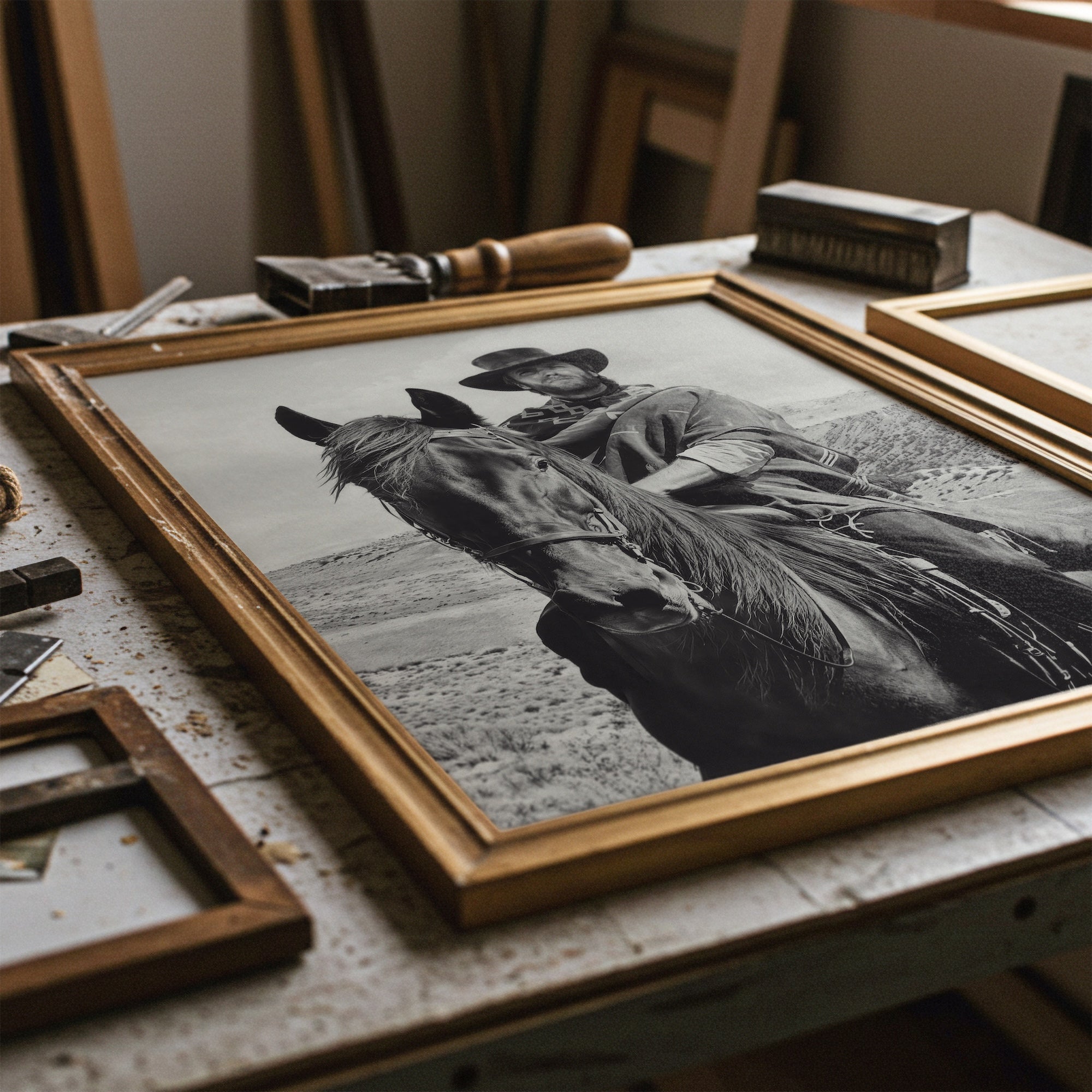 Clint Eastwood on Horseback in For A Few Dollars More Movie: Classic Spaghetti Western Film - Vintage Black & White Photo Art Print