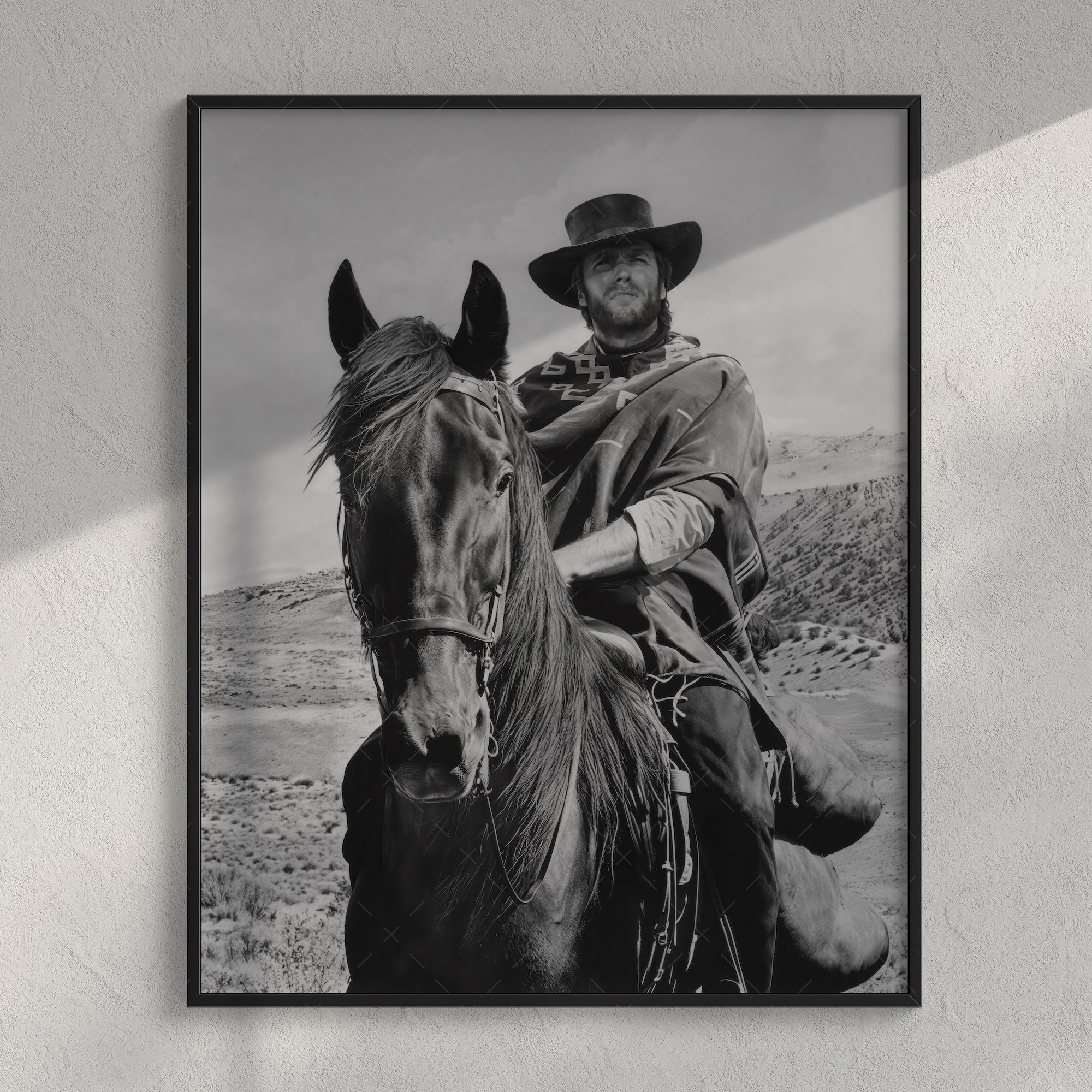 Clint Eastwood on Horseback in For A Few Dollars More Movie: Classic Spaghetti Western Film - Vintage Black & White Photo Art Print