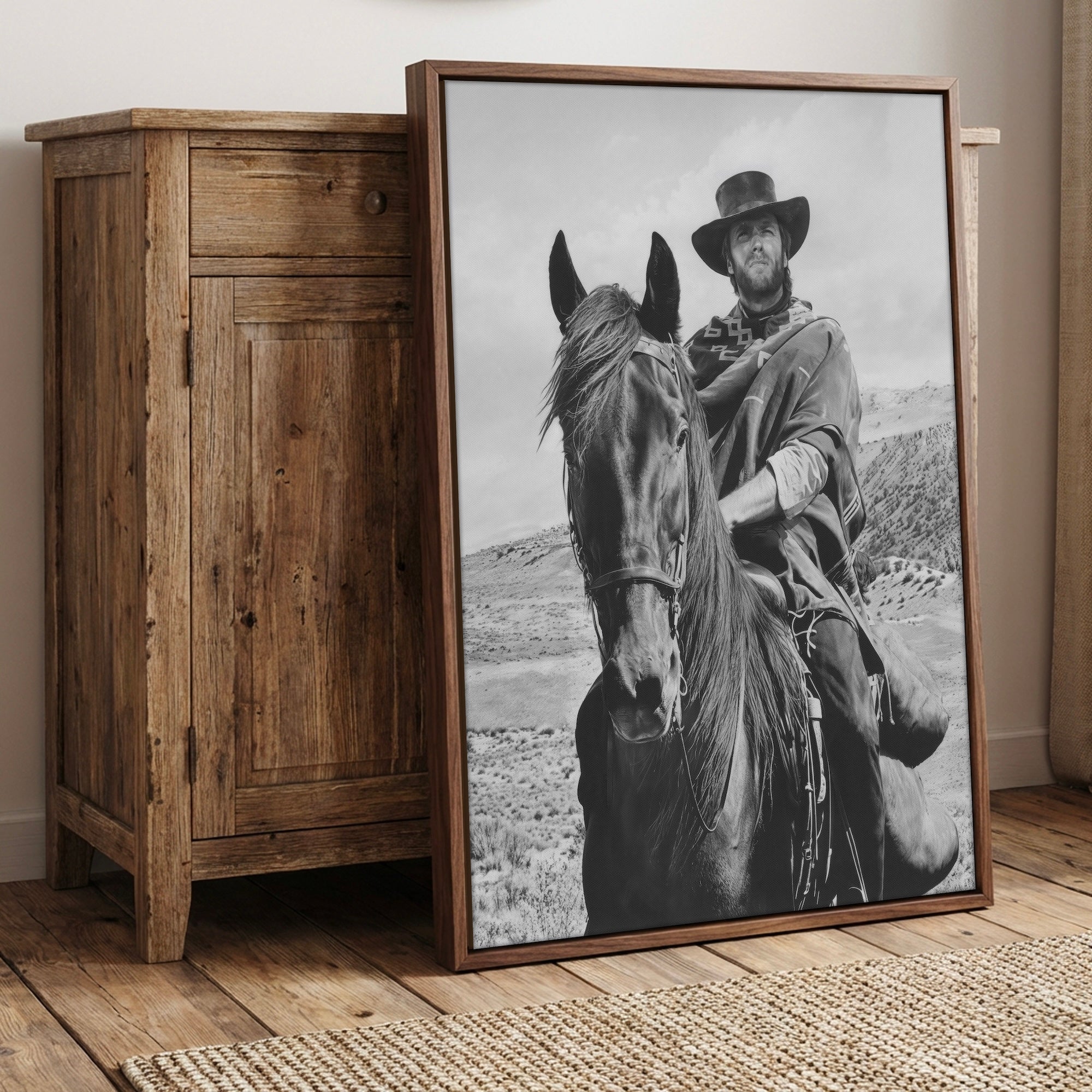 Clint Eastwood on Horseback in For A Few Dollars More Movie: Classic Spaghetti Western Film - Vintage Black & White Photo Art Print