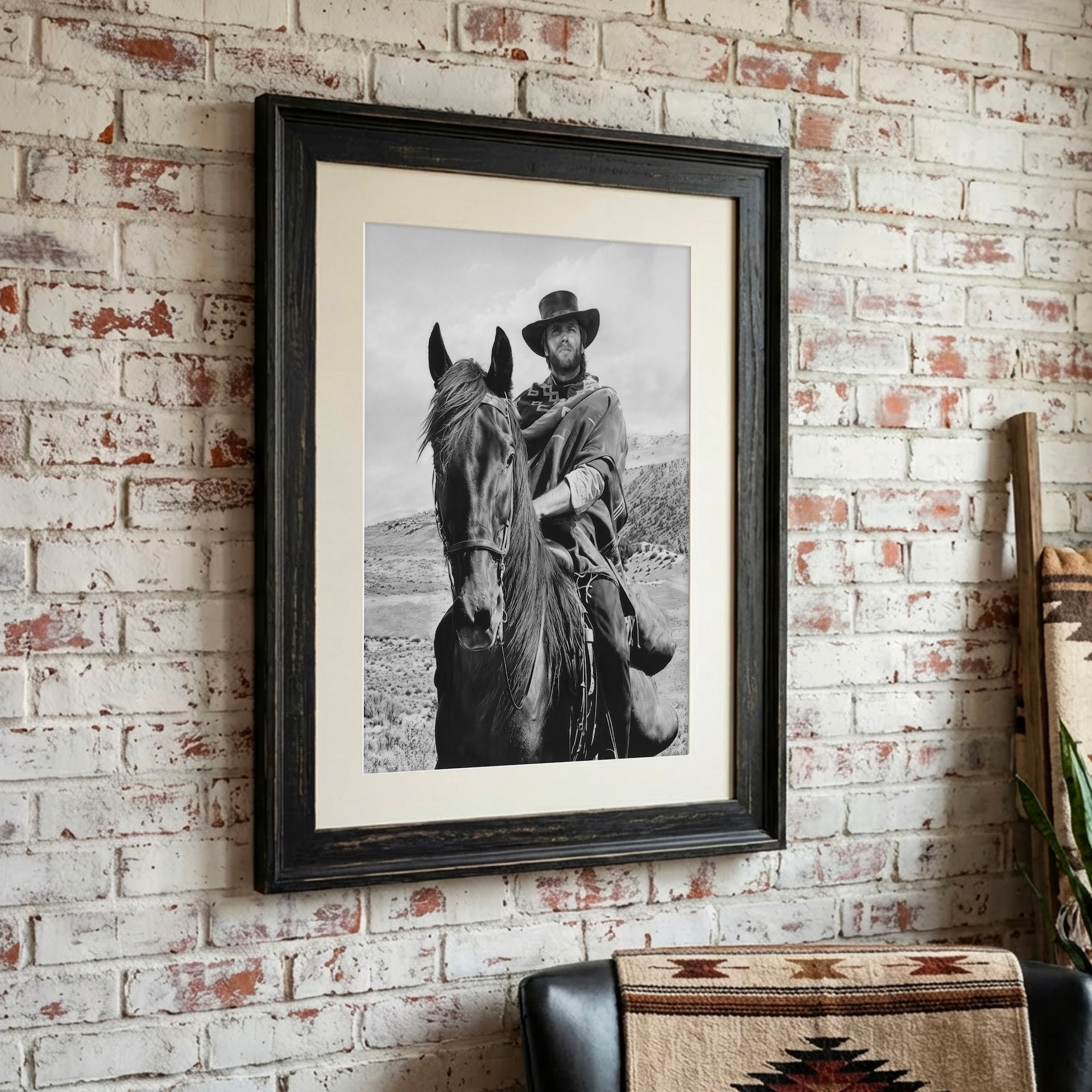 Clint Eastwood on Horseback in For A Few Dollars More Movie: Classic Spaghetti Western Film - Vintage Black & White Photo Art Print