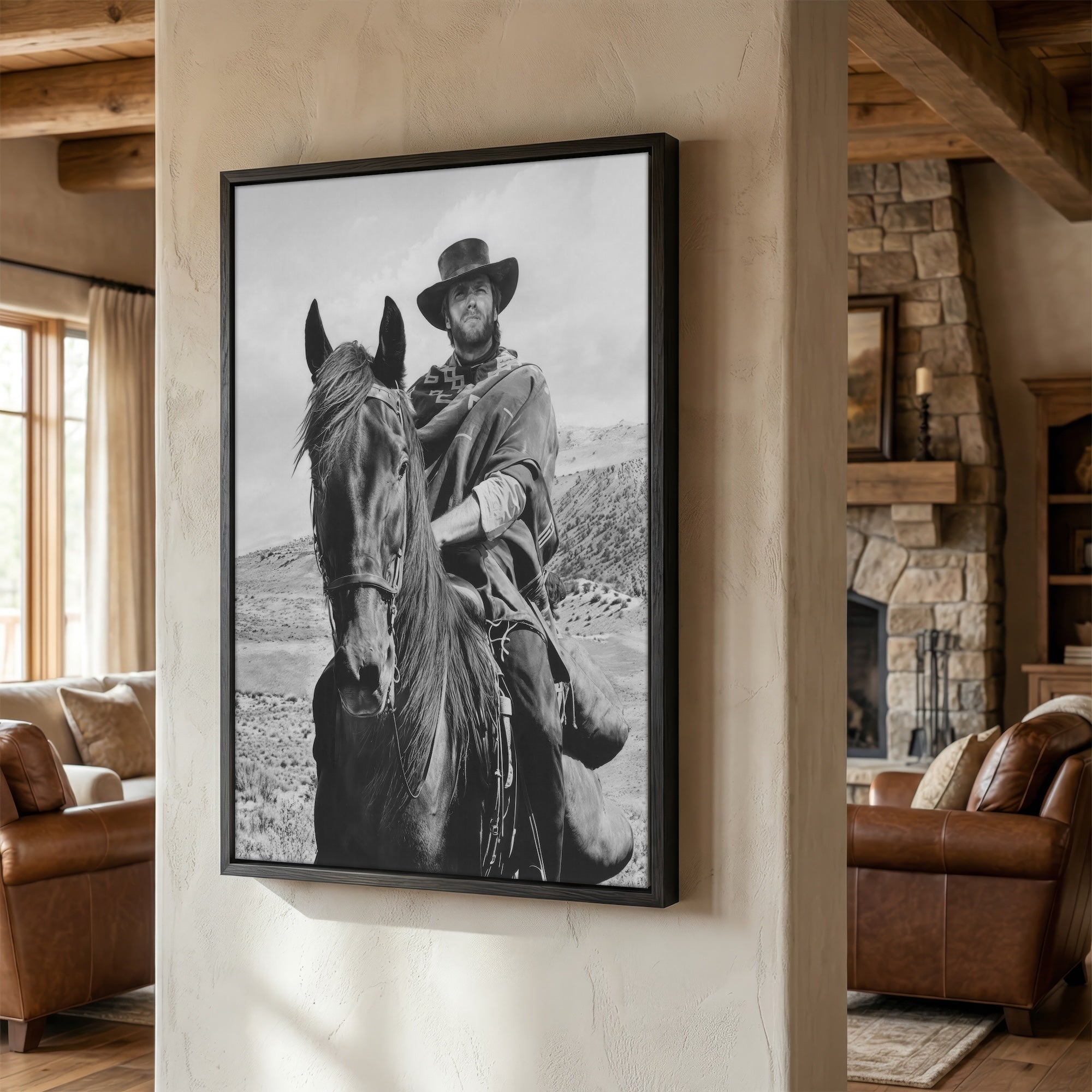 Clint Eastwood on Horseback in For A Few Dollars More Movie: Classic Spaghetti Western Film - Vintage Black & White Photo Art Print