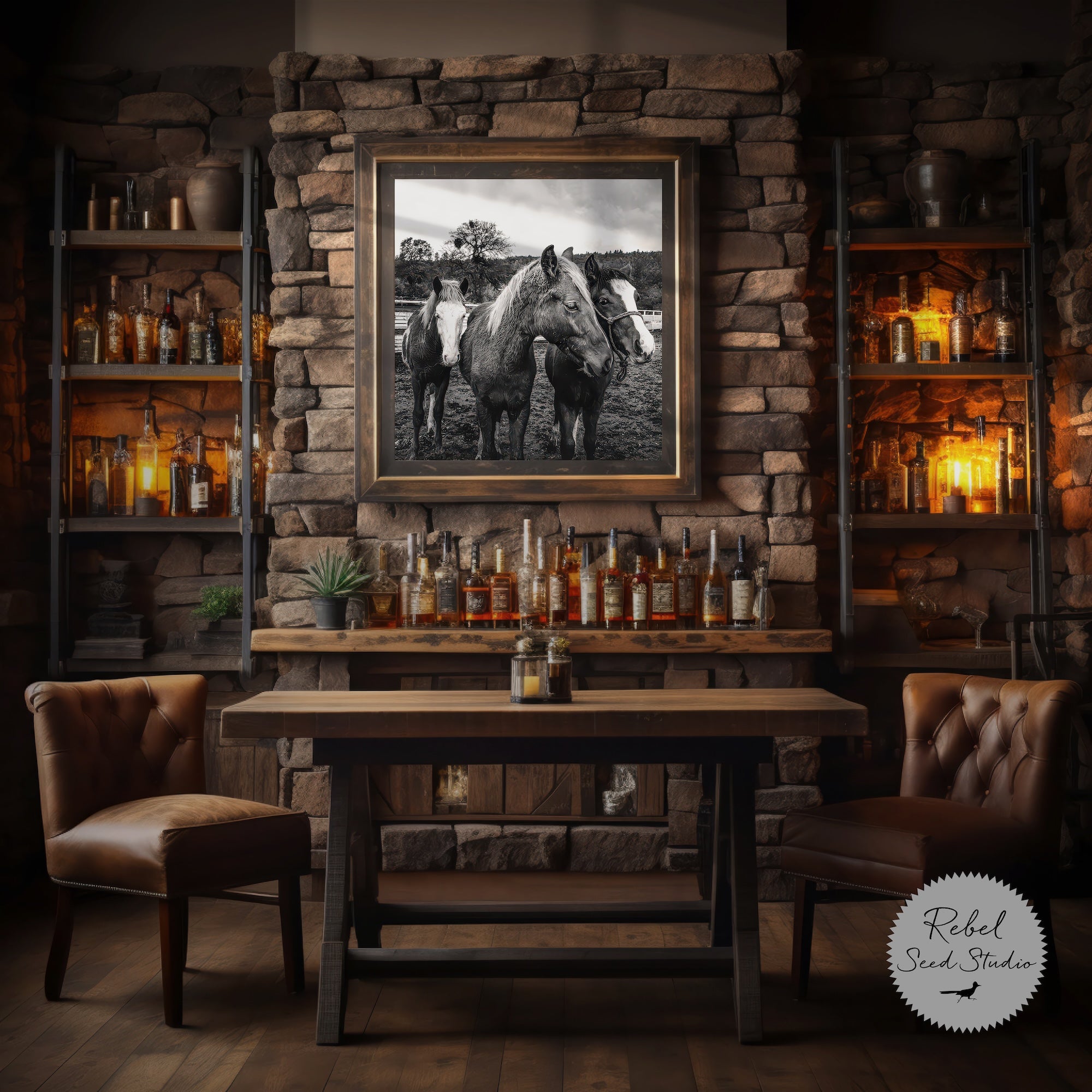 Corral Horses: Western Black & White Photograph (Canvas or Fine Art Poster Print)