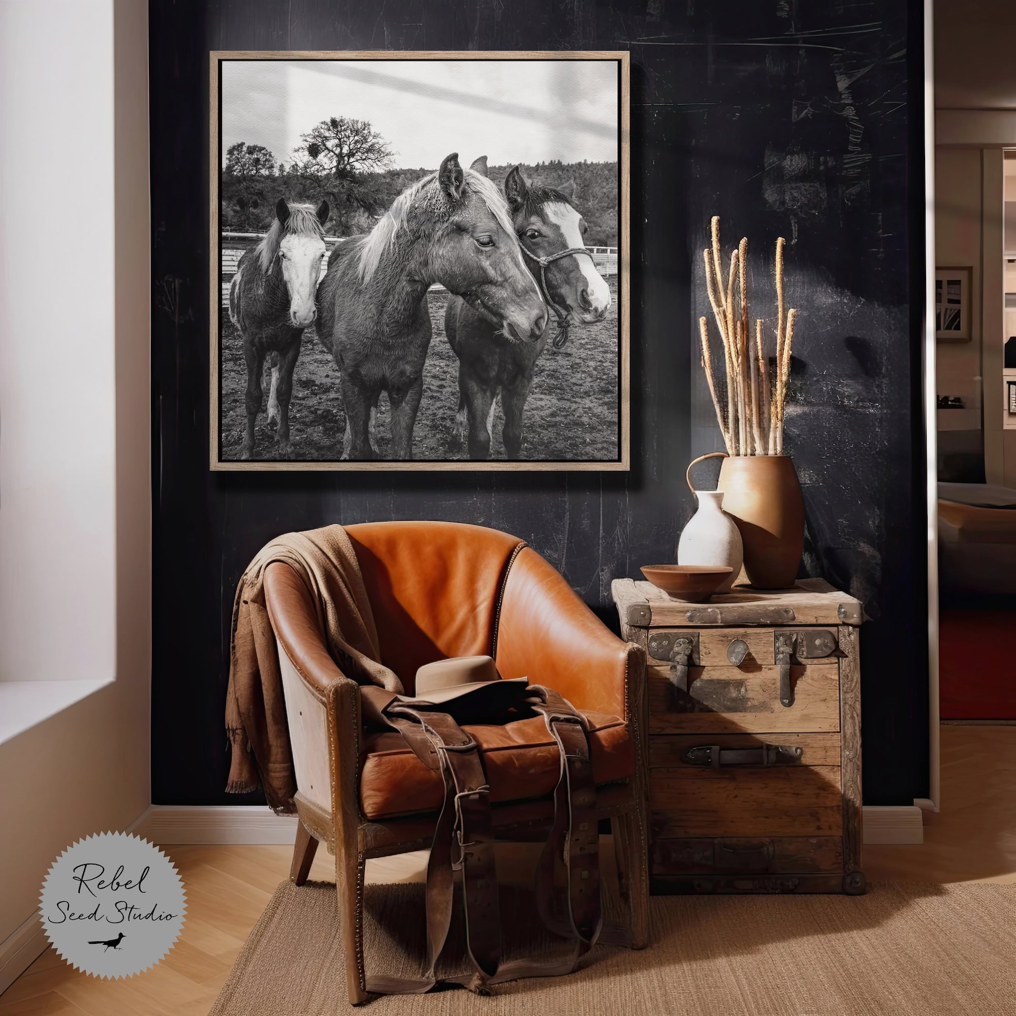 Corral Horses: Western Black & White Photograph (Canvas or Fine Art Poster Print)