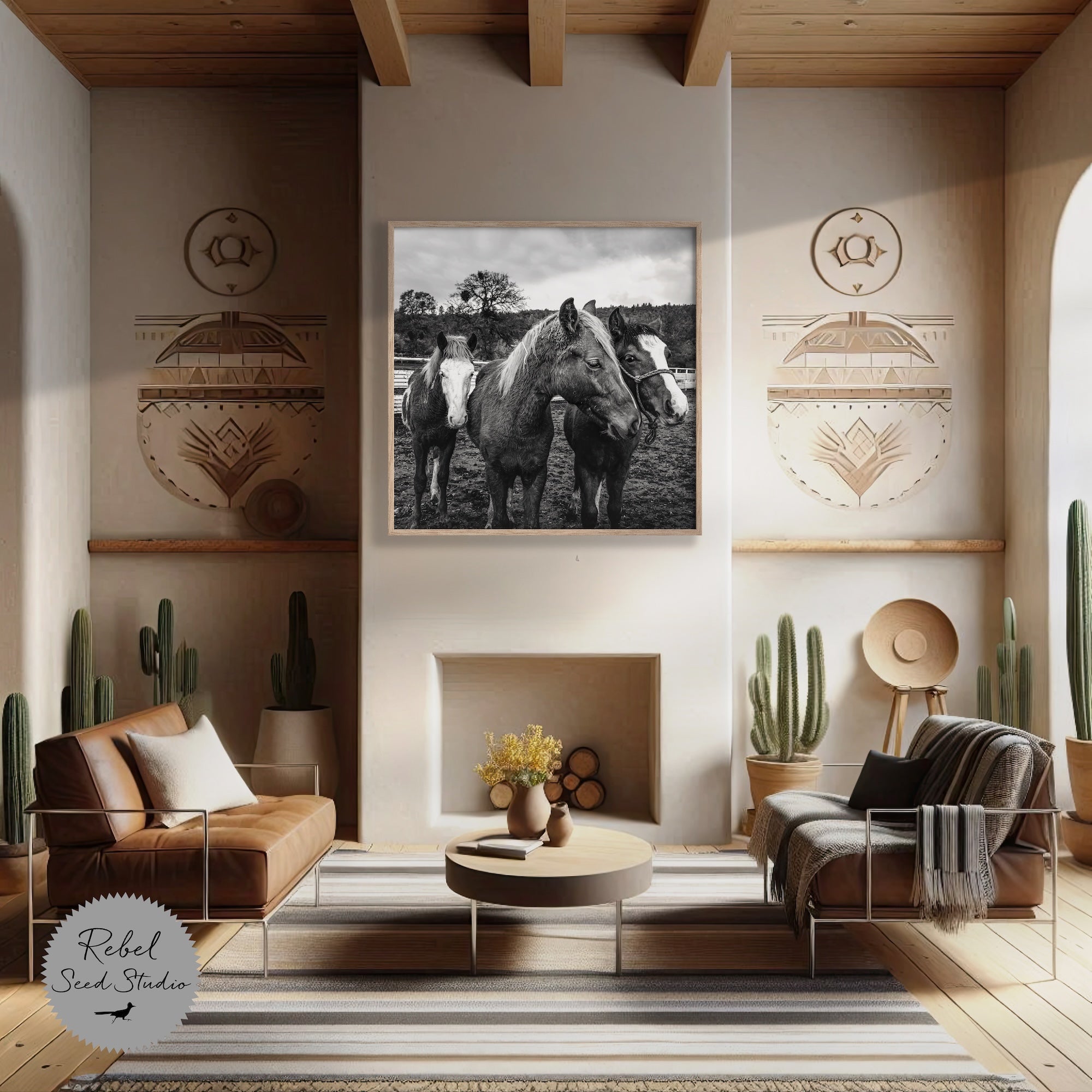 Corral Horses: Western Black & White Photograph (Art Print)