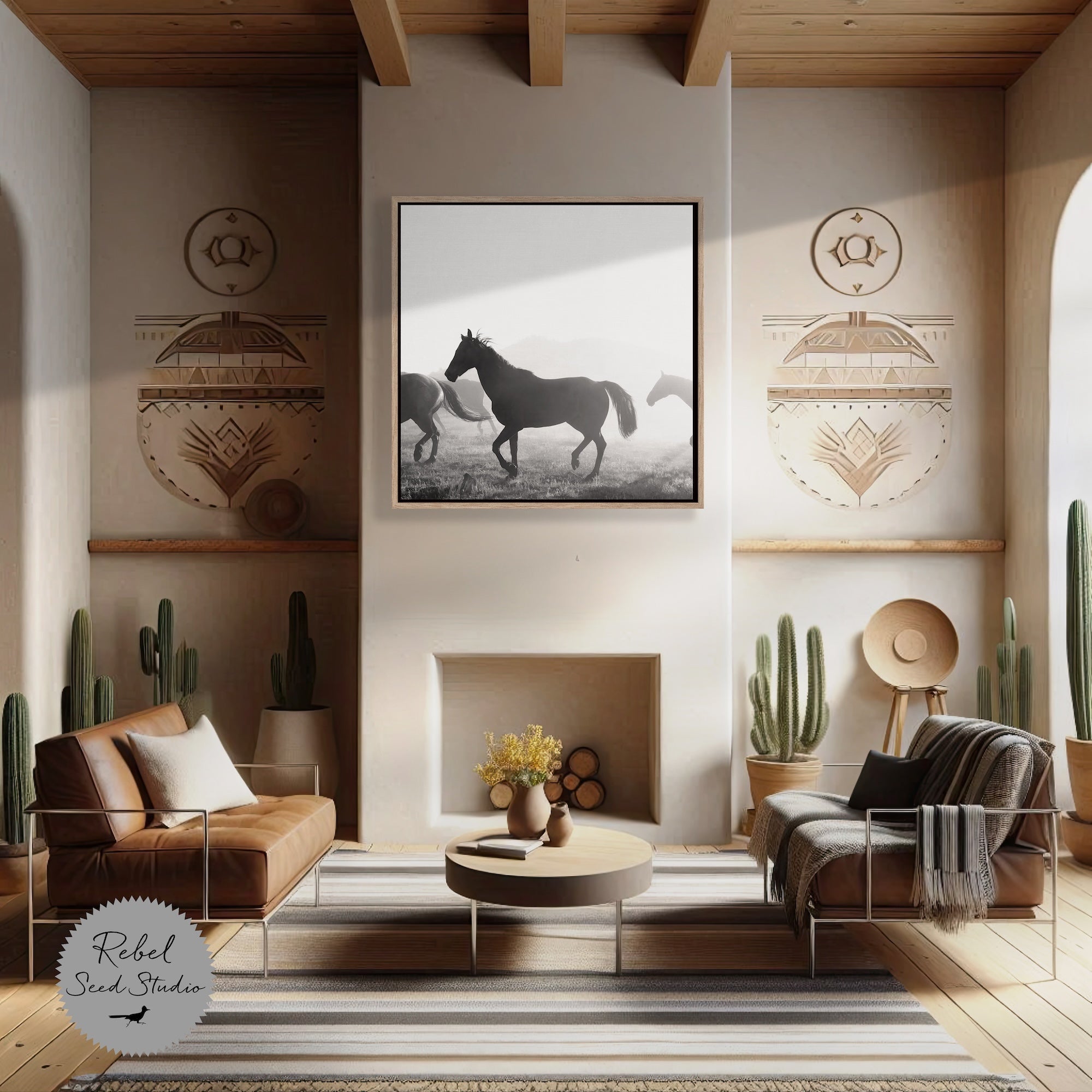 Corral Horses Round Up: Western Black & White Photograph (Art Print)