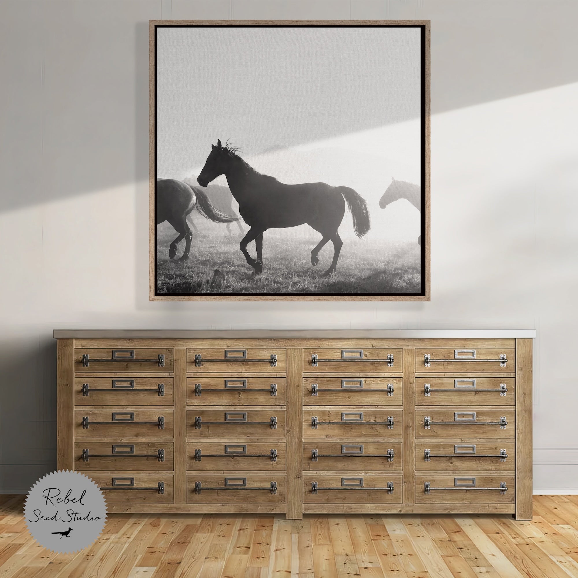 Corral Horses Round Up: Western Black & White Photograph (Art Print)