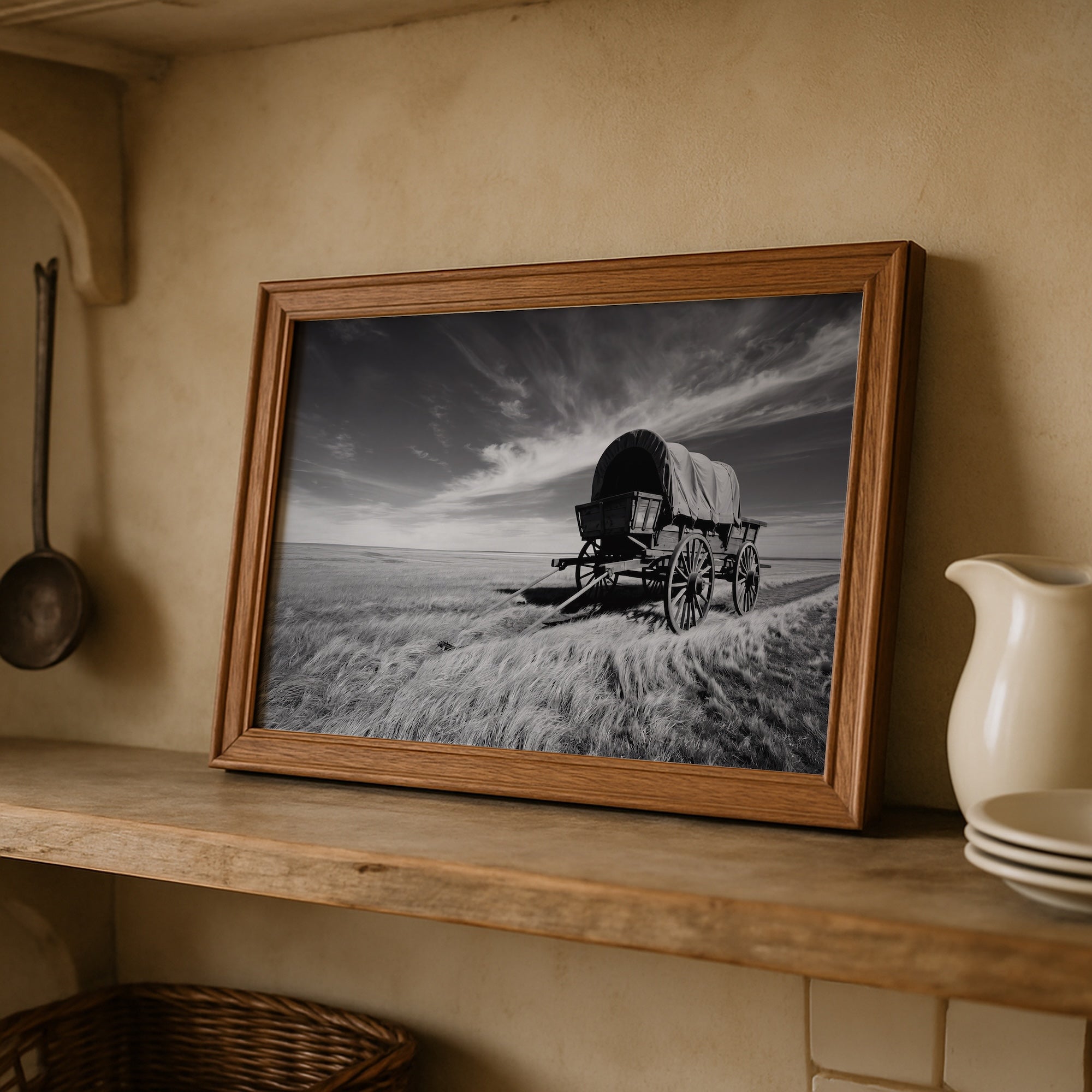 Covered Wagon on the Prairie: Vintage Old West Conestoga Wagon - Black & White Frontier Photo Art Print
