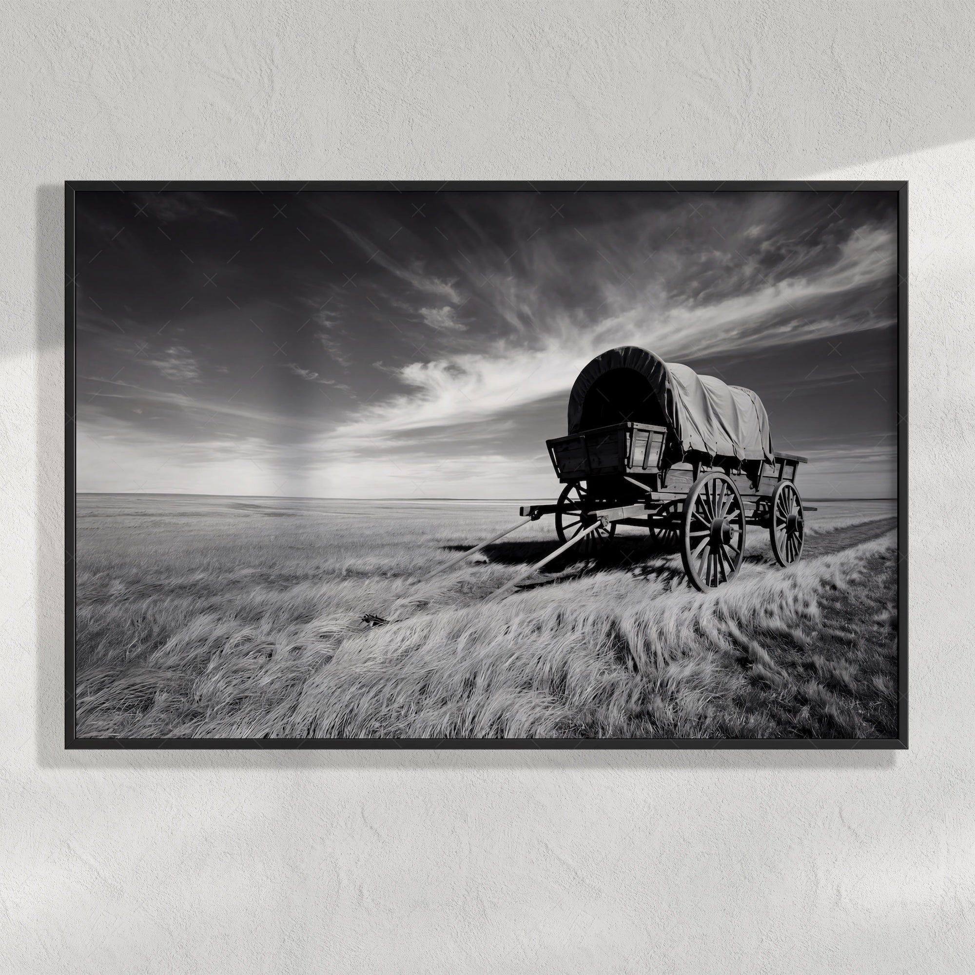 Covered Wagon on the Prairie: Vintage Old West Conestoga Wagon - Black & White Frontier Photo Art Print