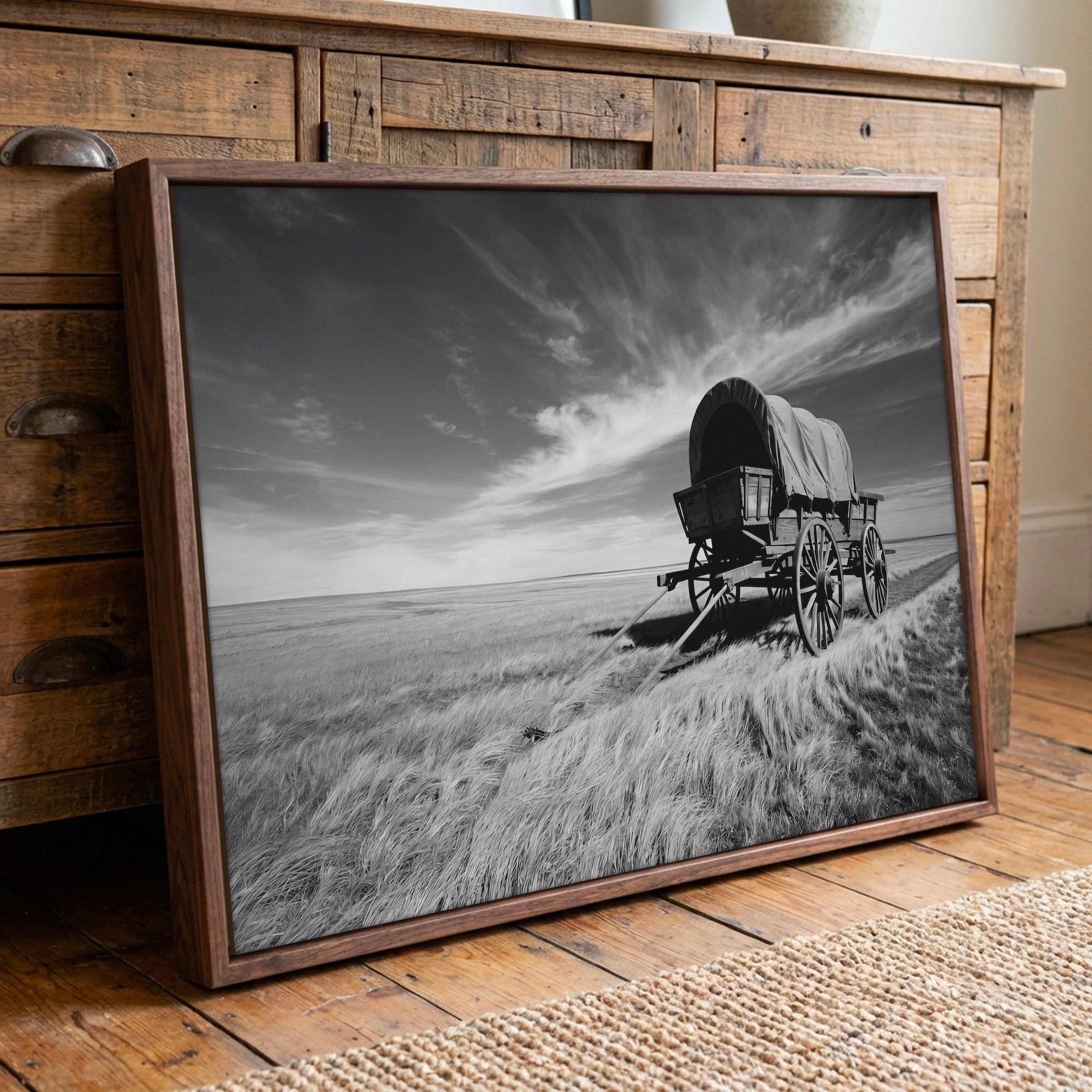 Covered Wagon on the Prairie: Vintage Old West Conestoga Wagon - Black & White Frontier Photo Art Print