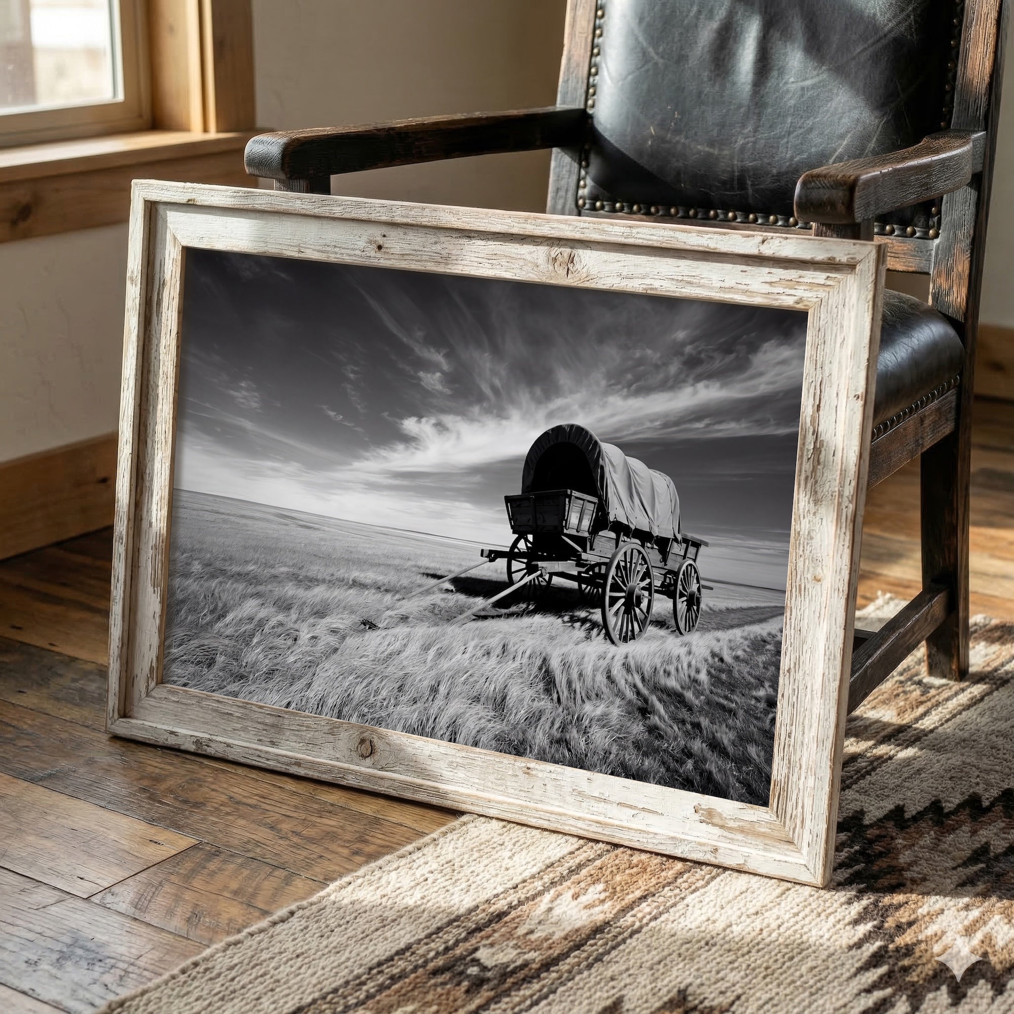 Covered Wagon on the Prairie: Vintage Old West Conestoga Wagon - Black & White Frontier Photo Art Print
