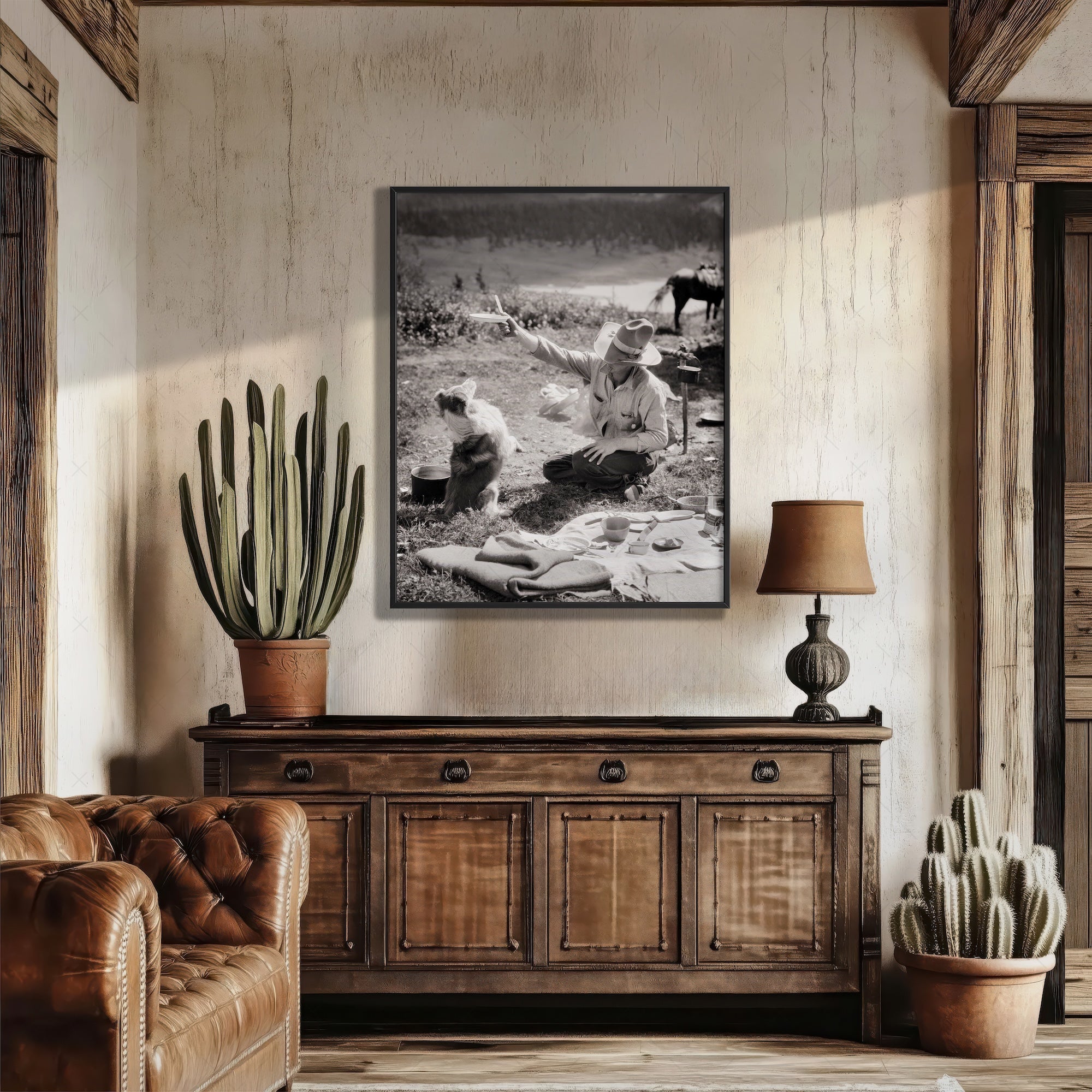 Cowboy & Dog Pardner: Funny Vintage Western Black & White Photograph (Art Print)