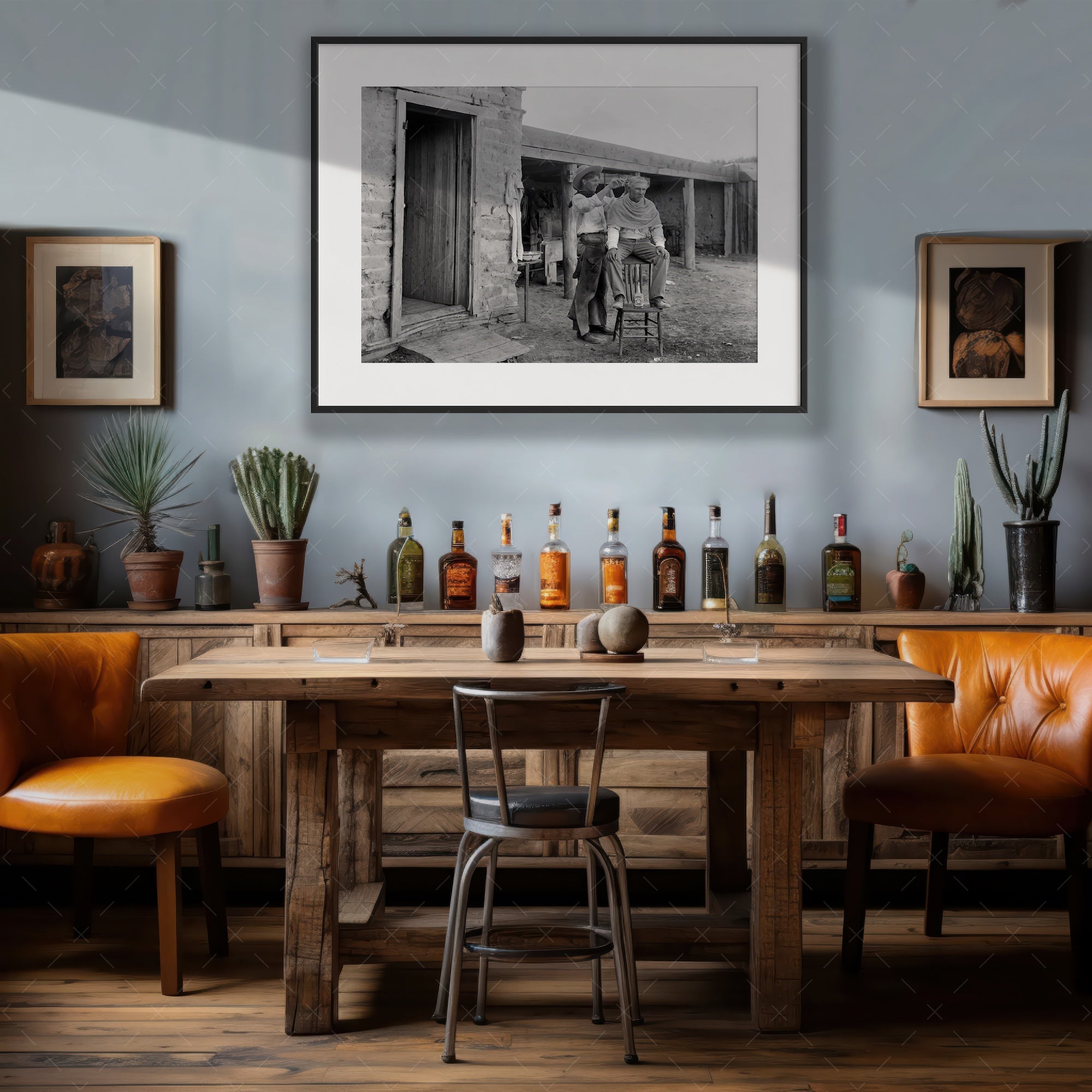 Cowboy Haircut: Funny Vintage Old West Black & White Photograph (Art Print)