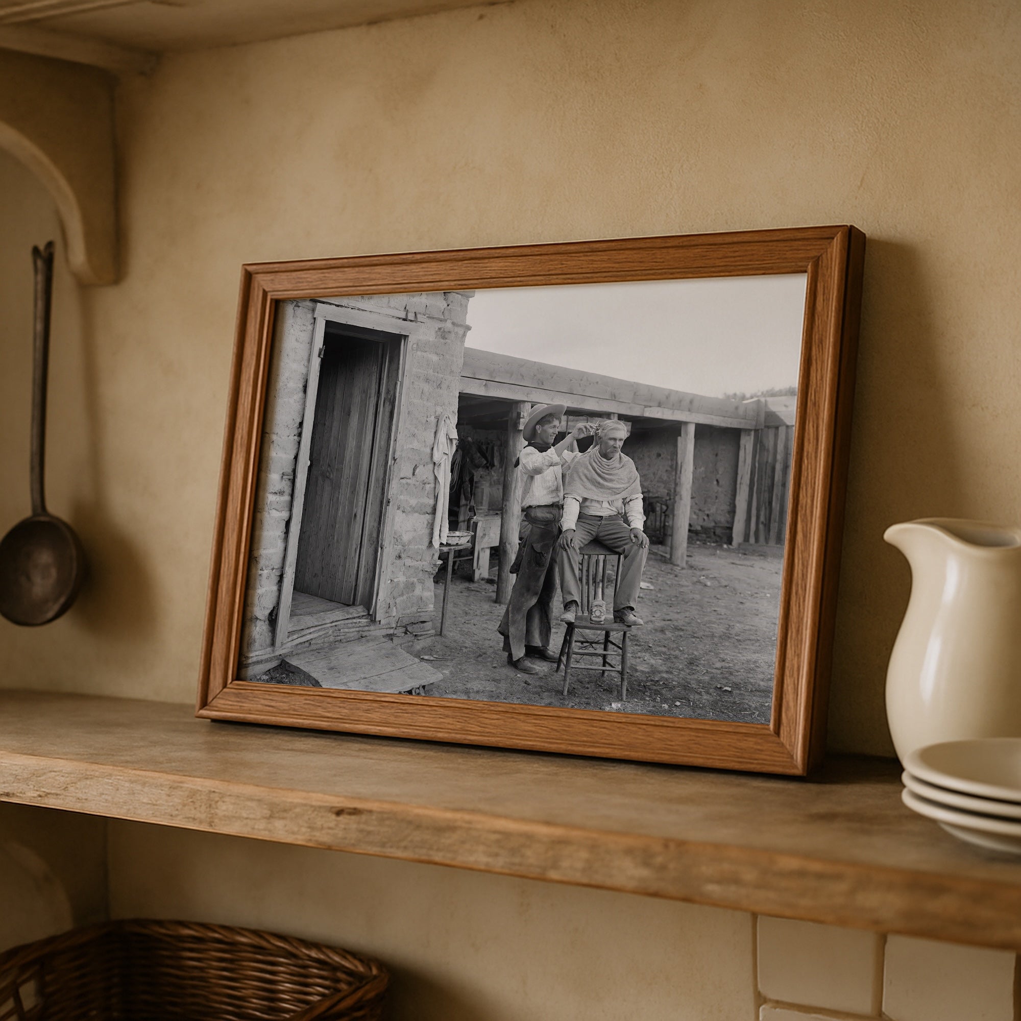Cowboy Haircut: Funny Vintage Old West Black & White Photograph (Art Print)