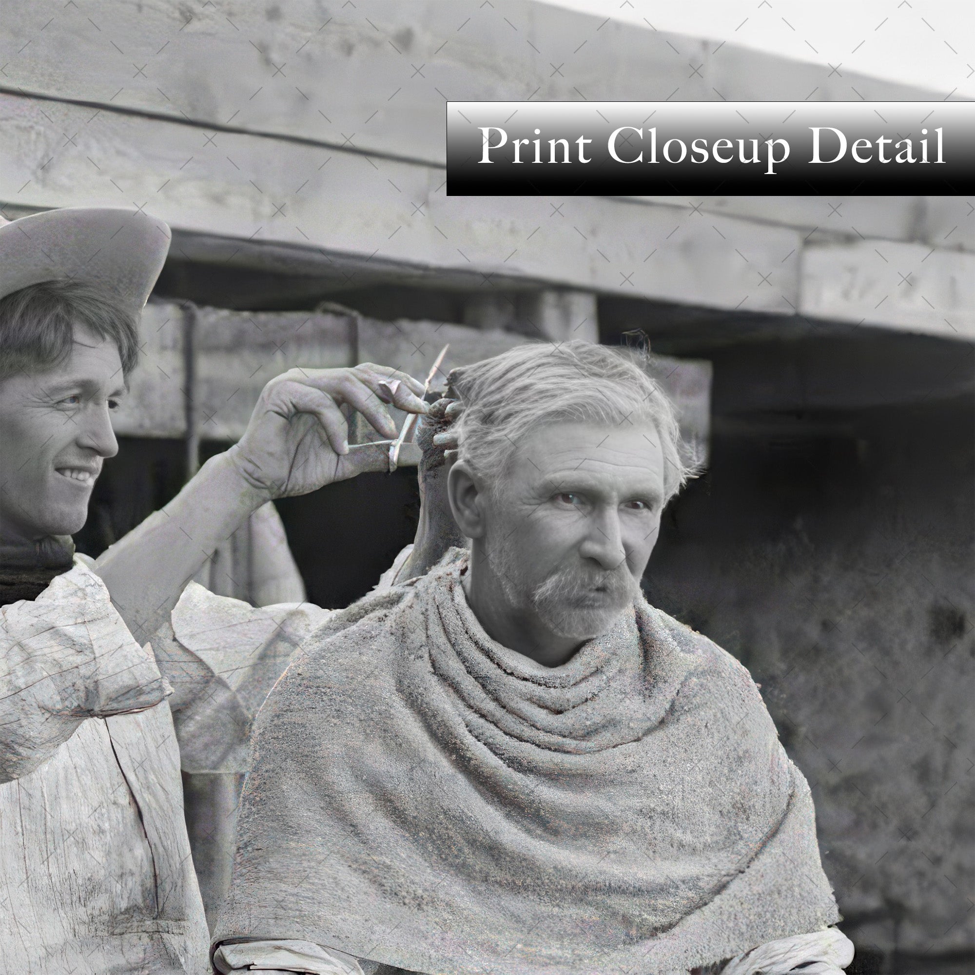 Cowboy Haircut: Funny Vintage Old West Black & White Photograph (Art Print)