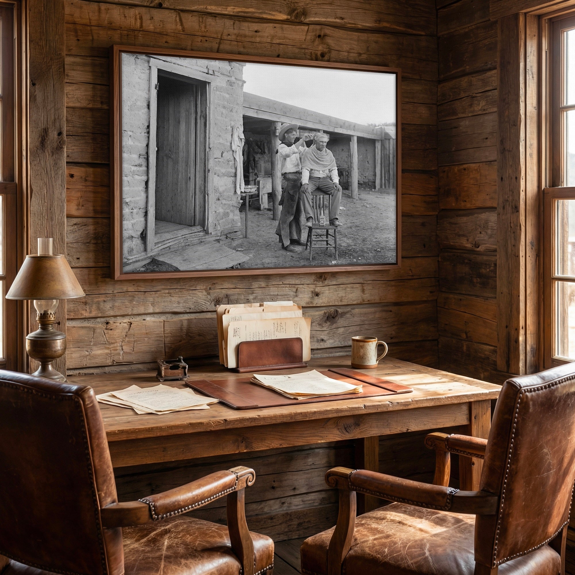 Cowboy Haircut: Funny Vintage Old West Black & White Photograph (Art Print)