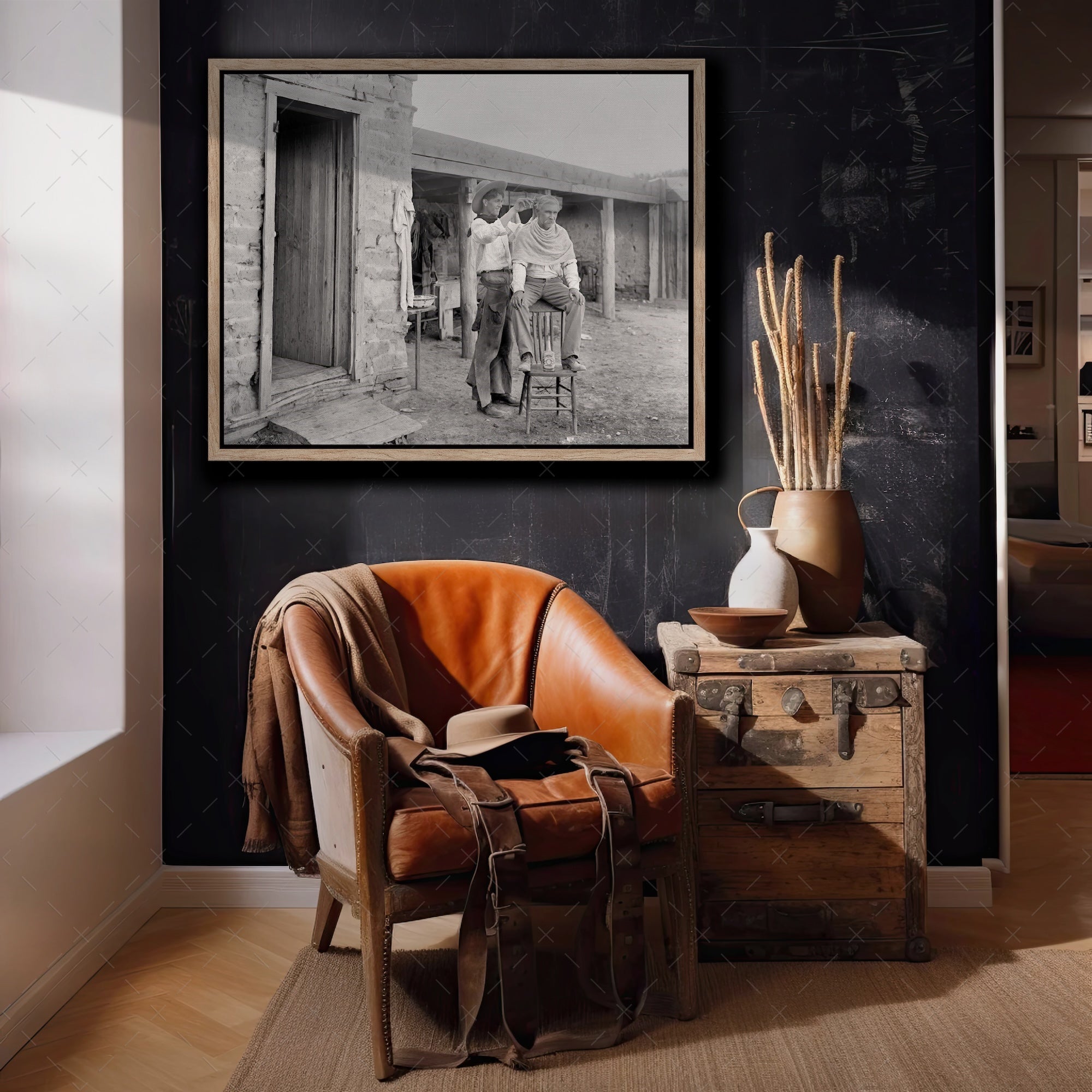 Cowboy Haircut: Funny Vintage Old West Black & White Photograph (Art Print)