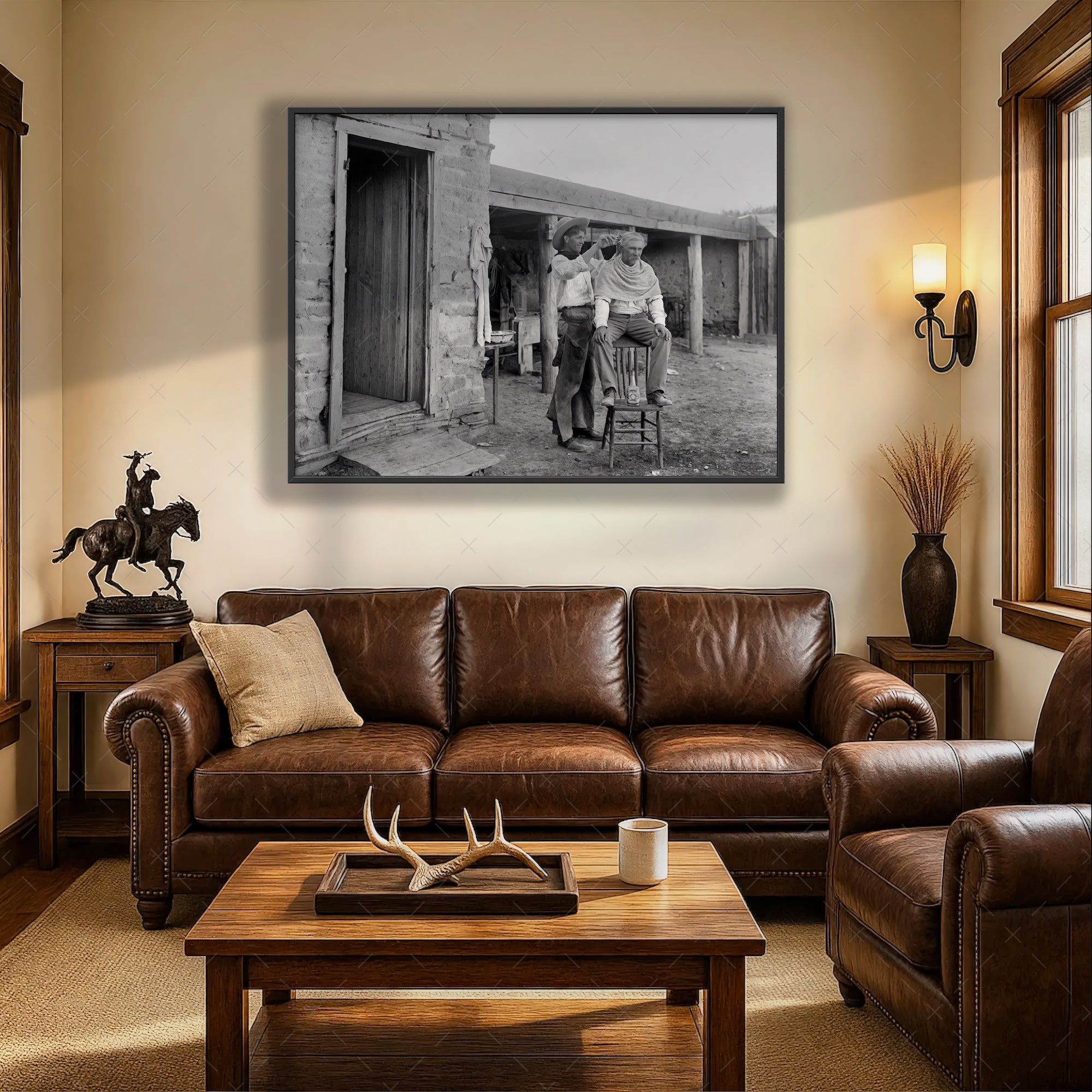 Cowboy Haircut: Funny Vintage Old West Black & White Photograph (Art Print)