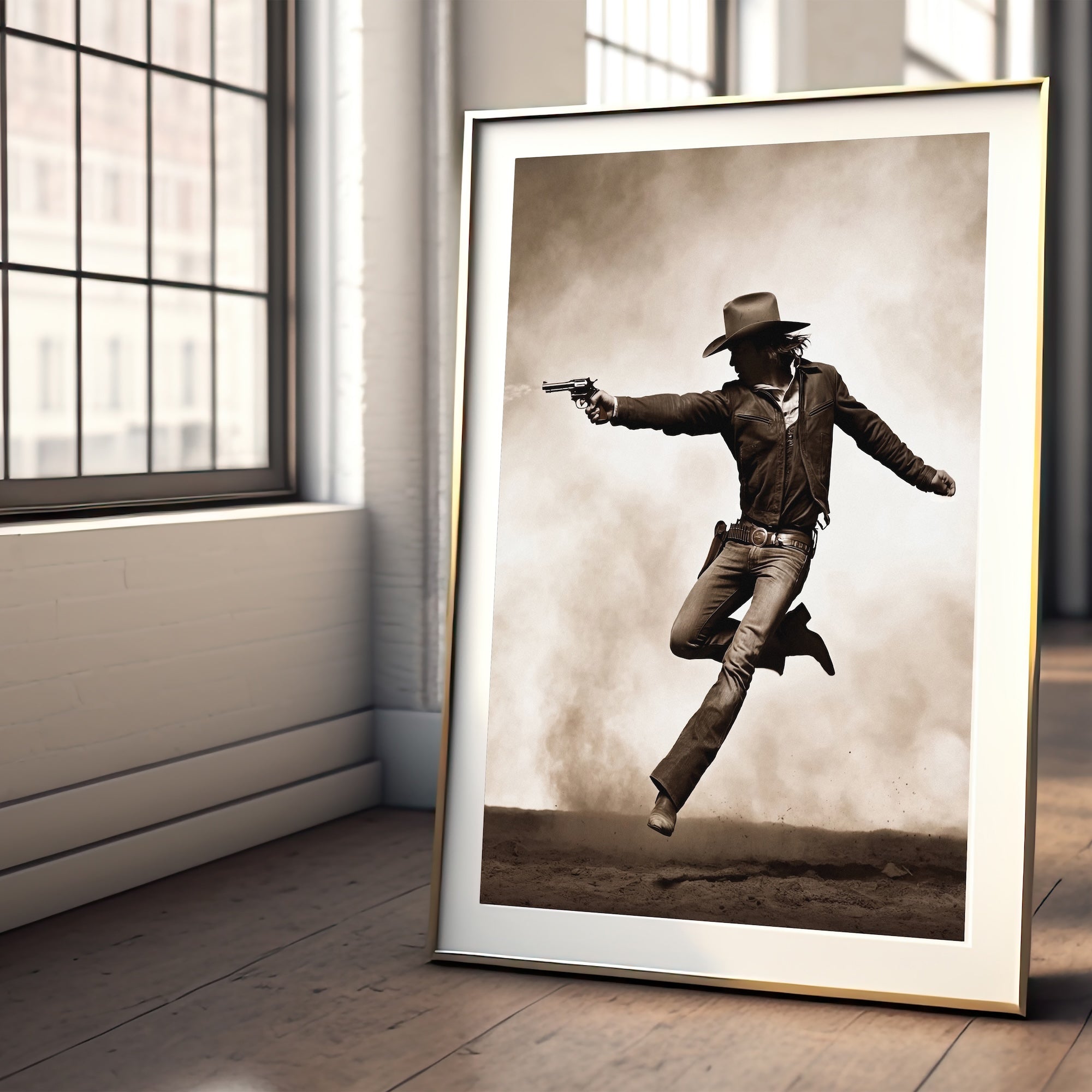 Cowboy Pistoleer: Wild West Shootout - Vintage Sepia Art Print
