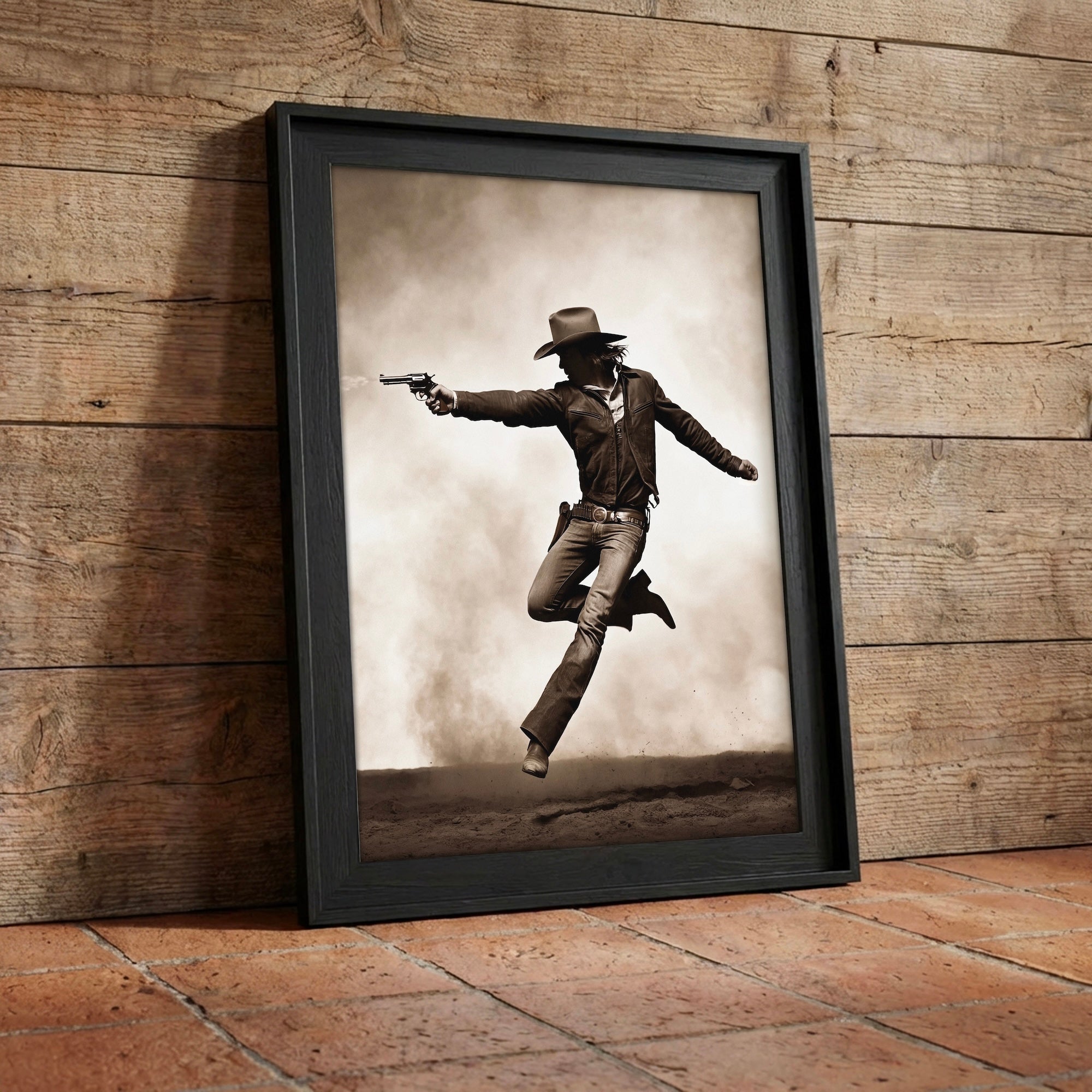 Cowboy Pistoleer: Wild West Shootout - Vintage Sepia Art Print