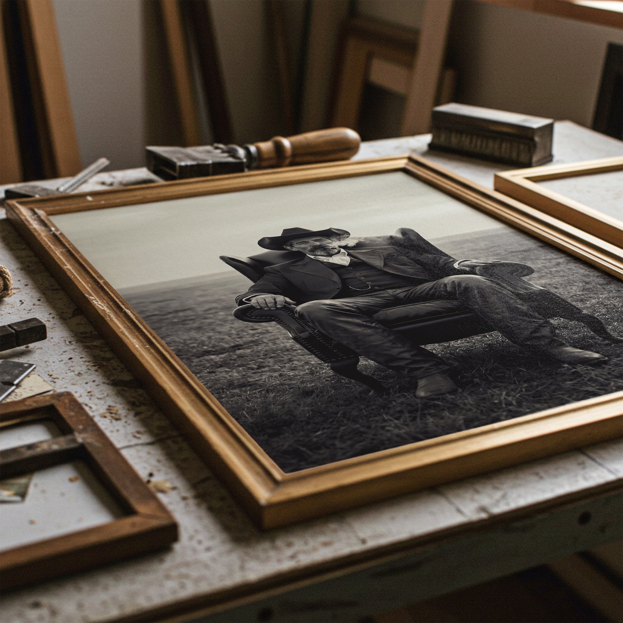 Cowboy Smoking Cigar: Vintage Western Outlaw - Black & White Art Print