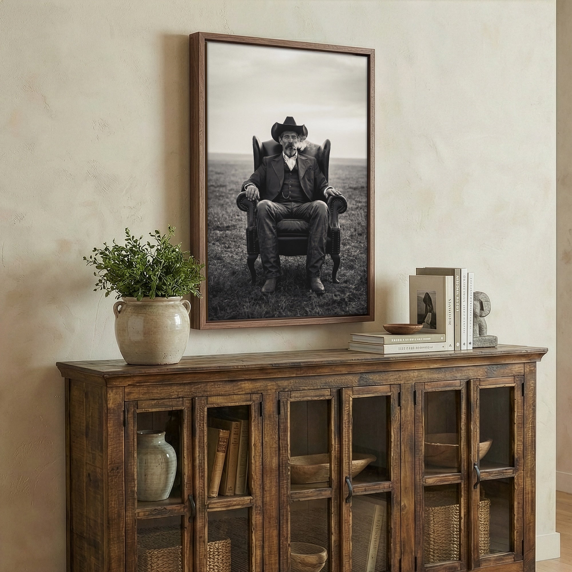 Cowboy Smoking Cigar: Vintage Western Outlaw - Black & White Art Print