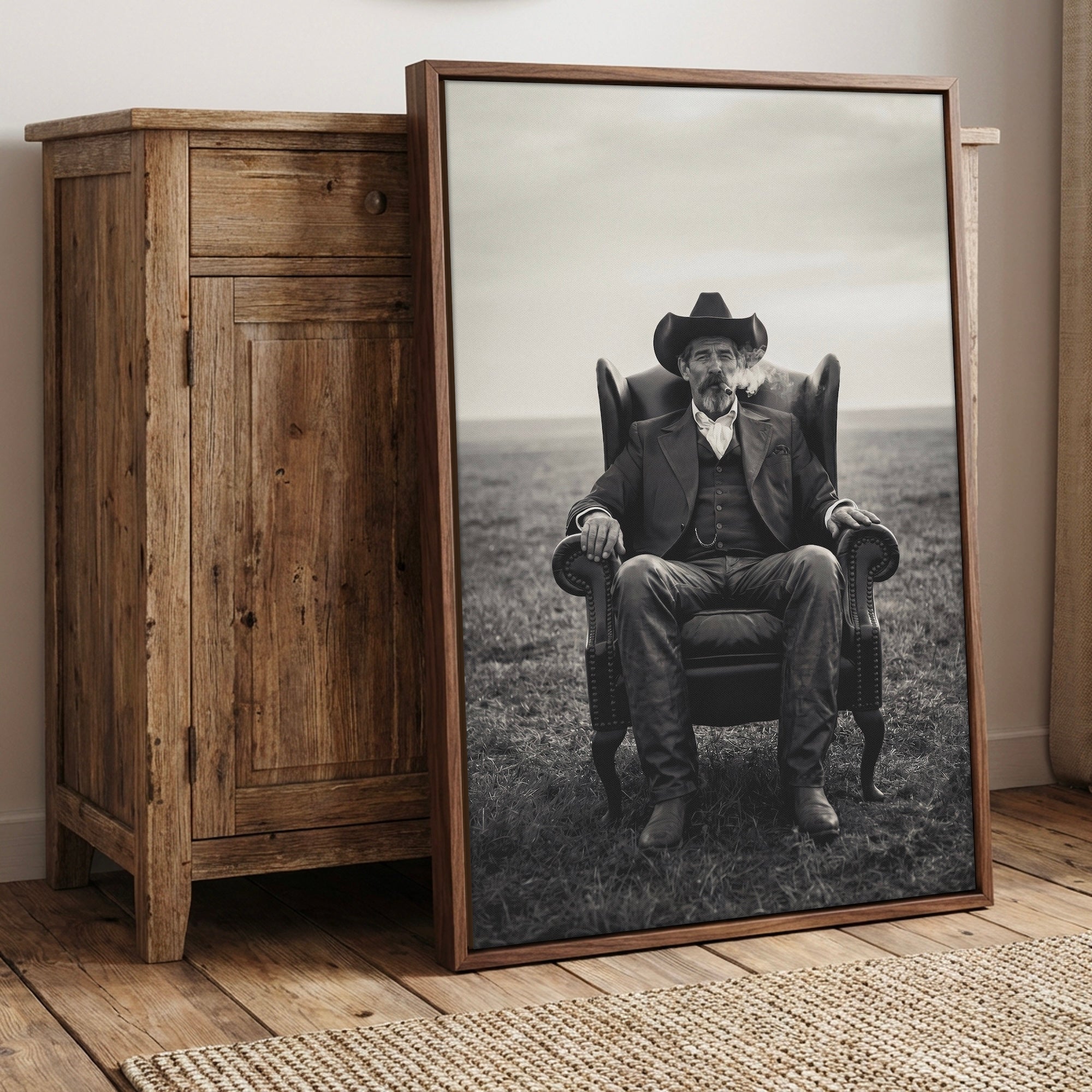 Cowboy Smoking Cigar: Vintage Western Outlaw - Black & White Art Print