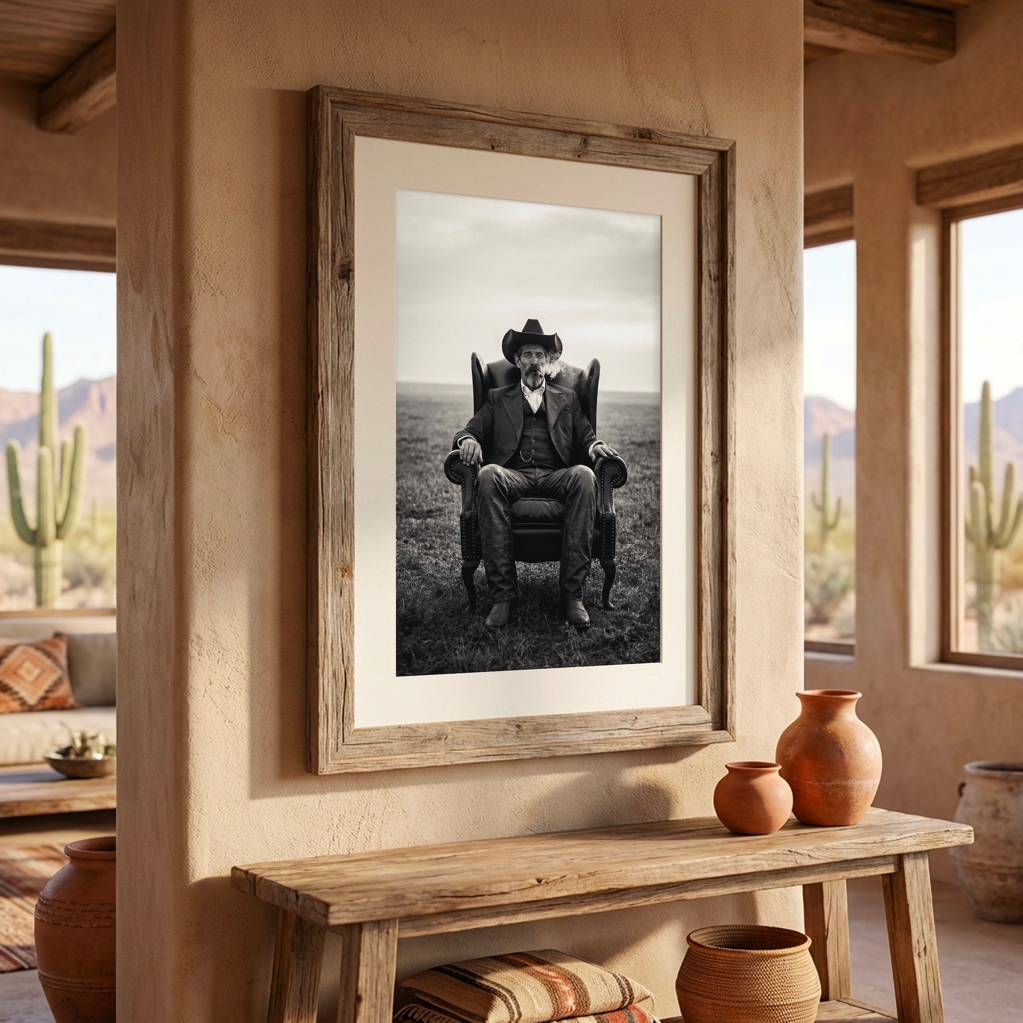 Cowboy Smoking Cigar: Vintage Western Outlaw - Black & White Art Print