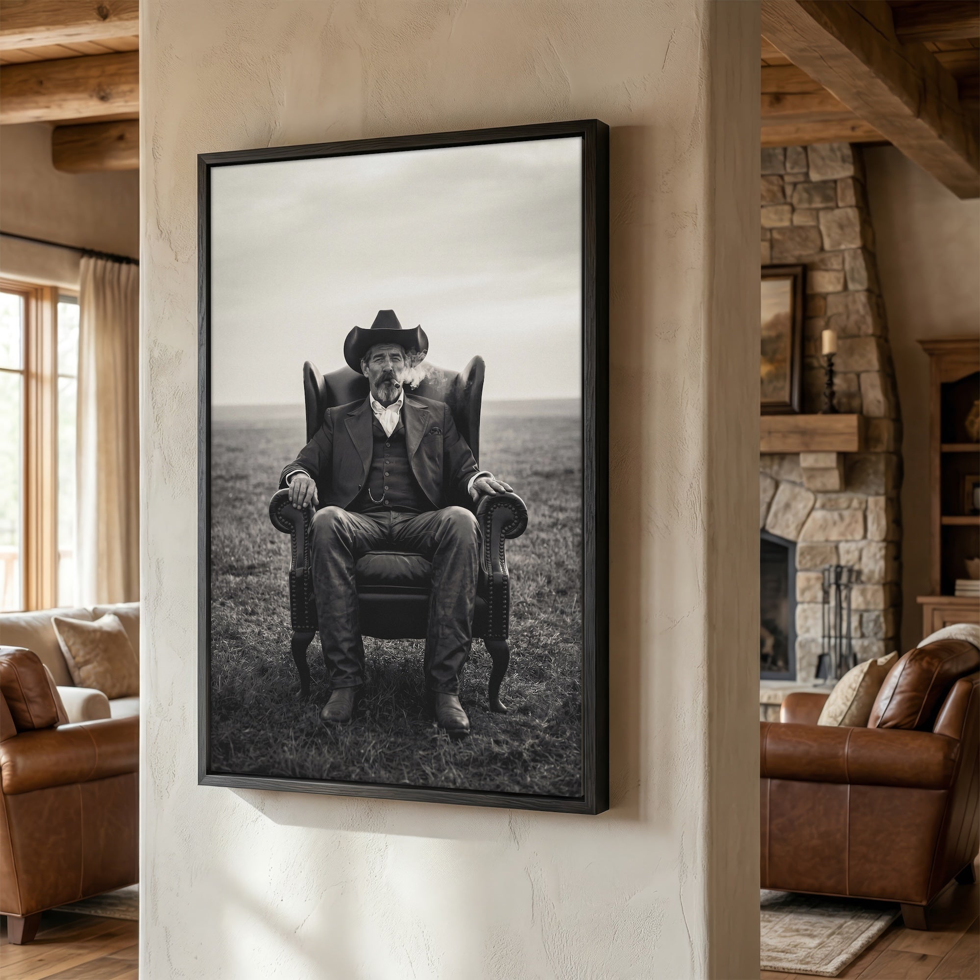 Cowboy Smoking Cigar: Vintage Western Outlaw - Black & White Art Print