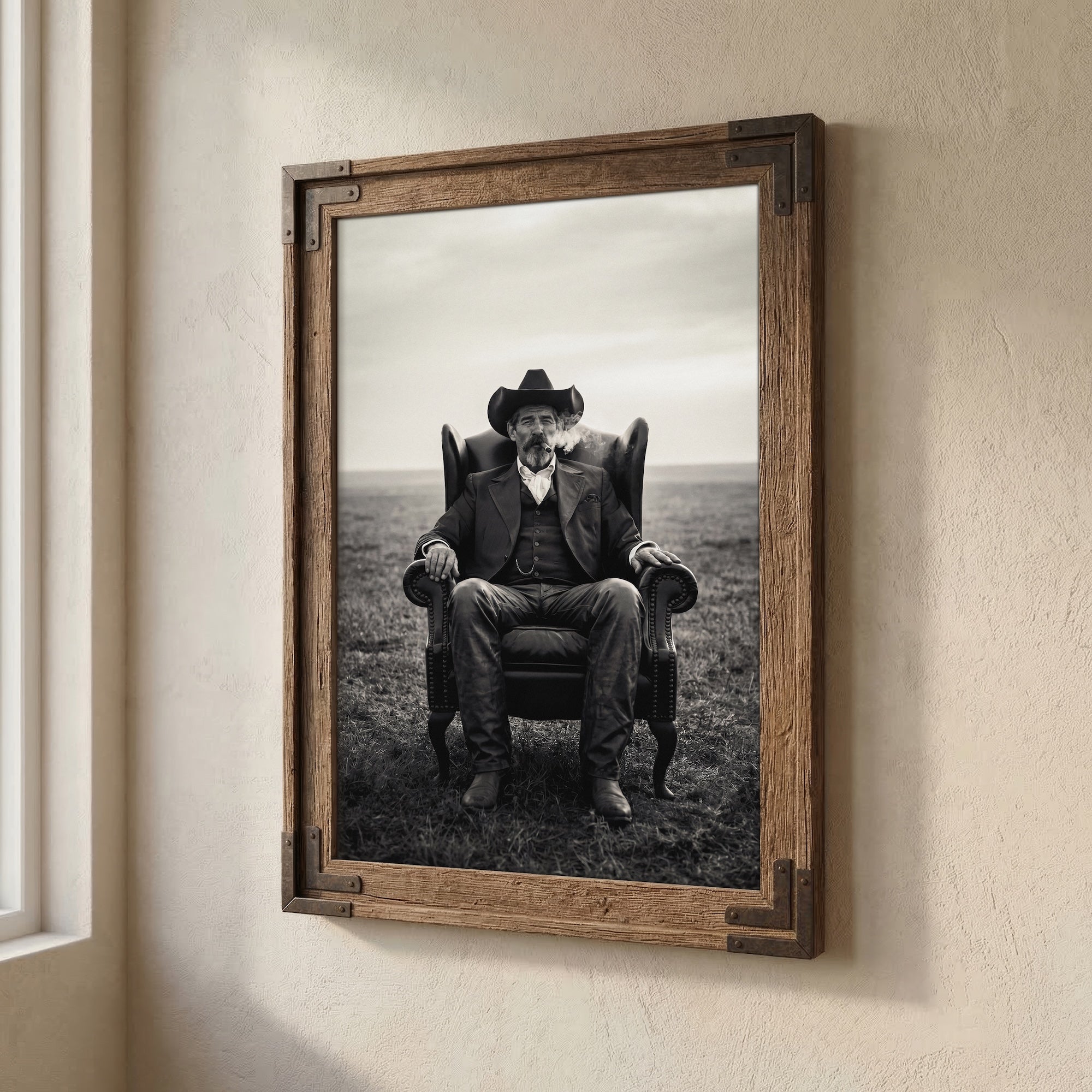 Cowboy Smoking Cigar: Vintage Western Outlaw - Black & White Art Print