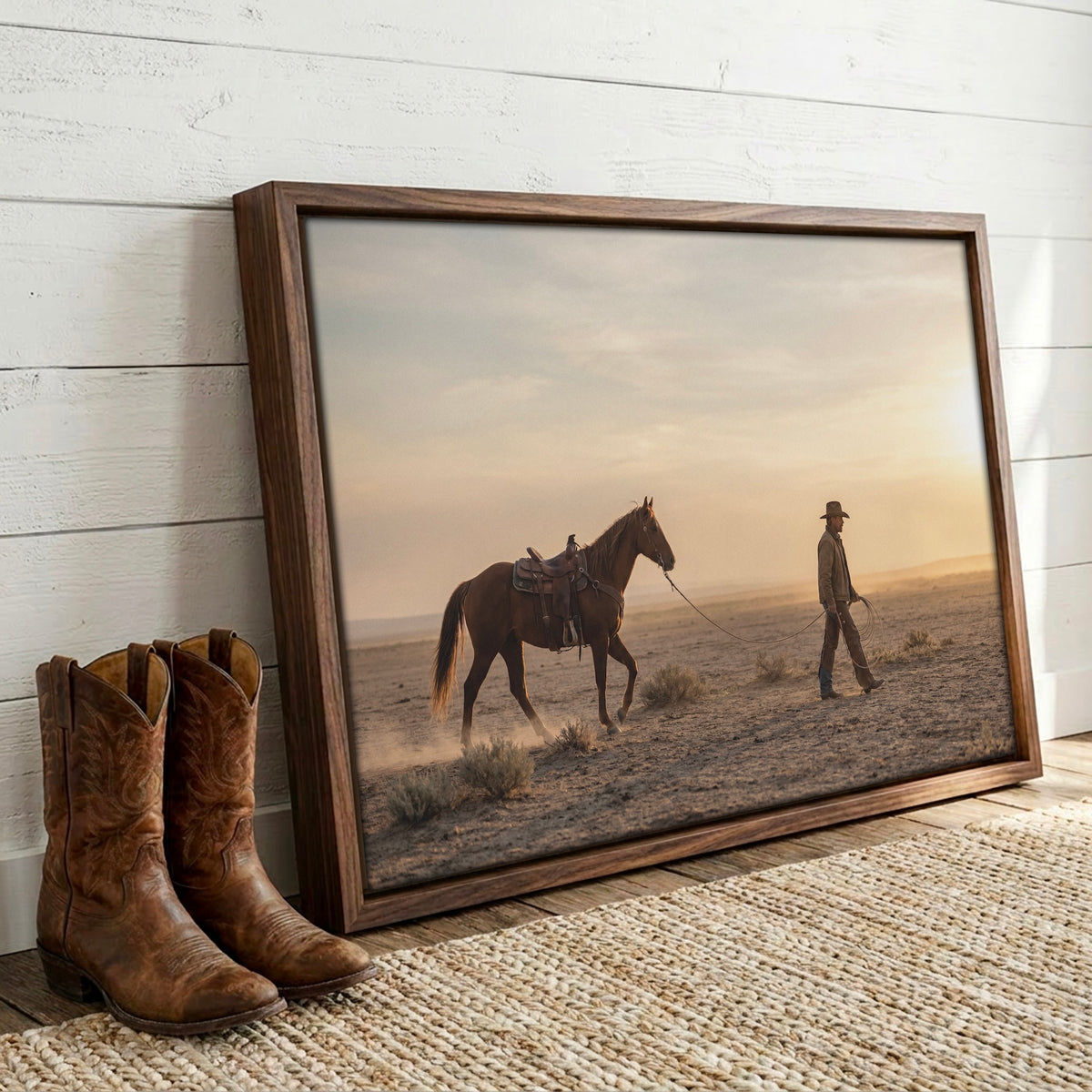 Cowboy Walking His Horse in the Desert: Vintage Western Photo Art Print