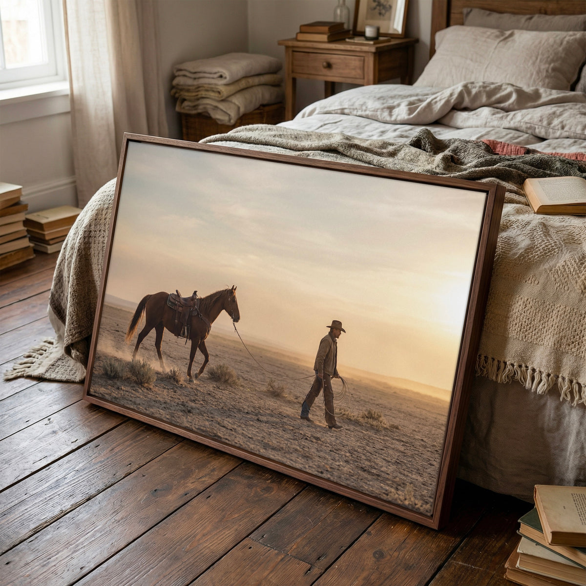 Cowboy Walking His Horse in the Desert: Vintage Western Photo Art Print
