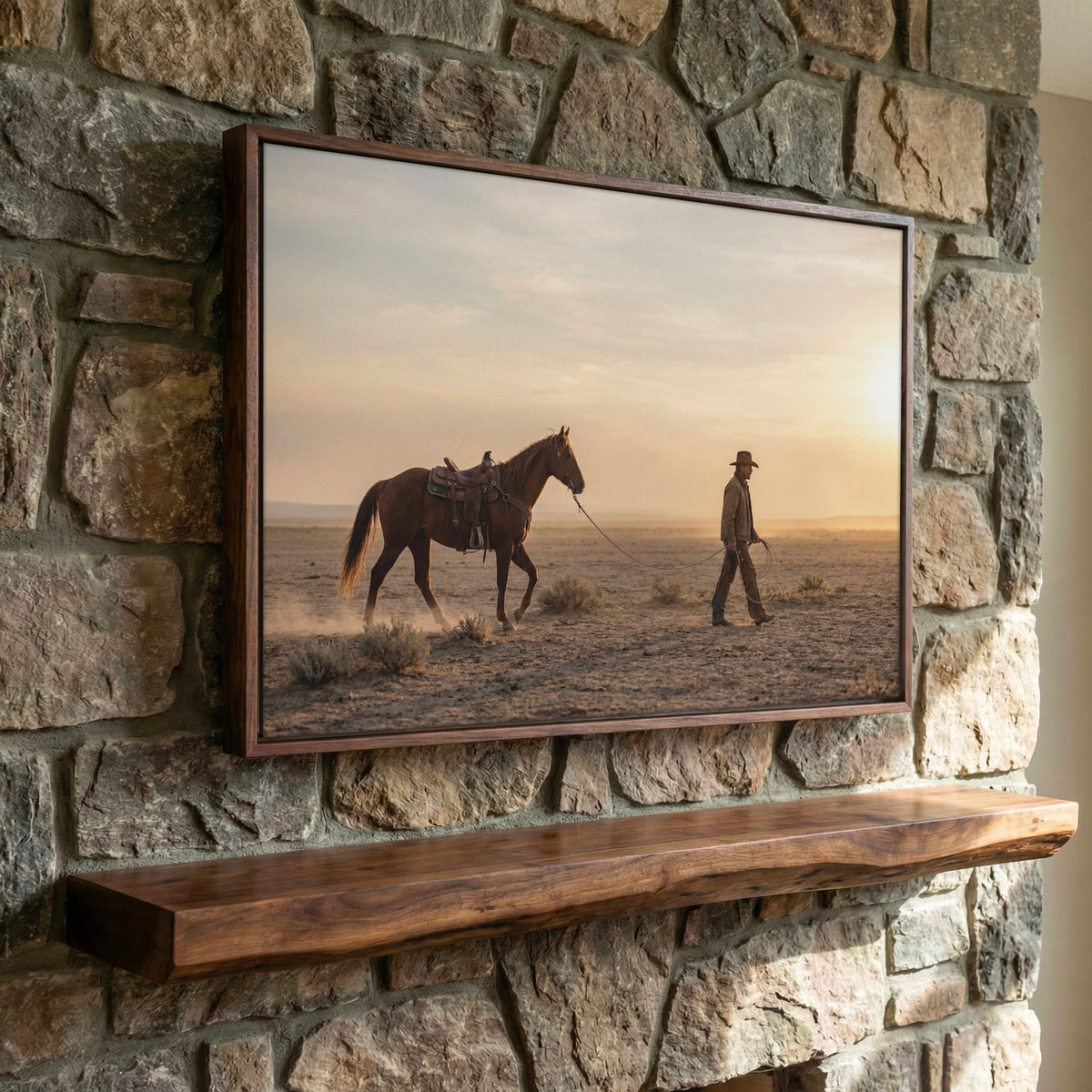 Cowboy Walking His Horse in the Desert: Vintage Western Photo Art Print