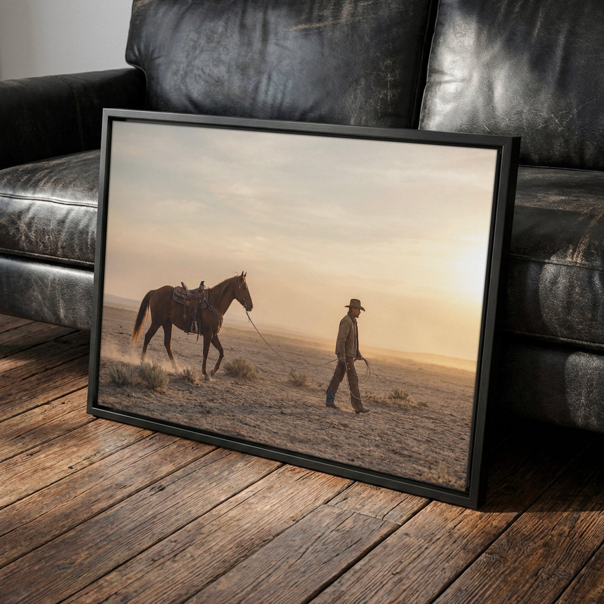Cowboy Walking His Horse in the Desert: Vintage Western Photo Art Print